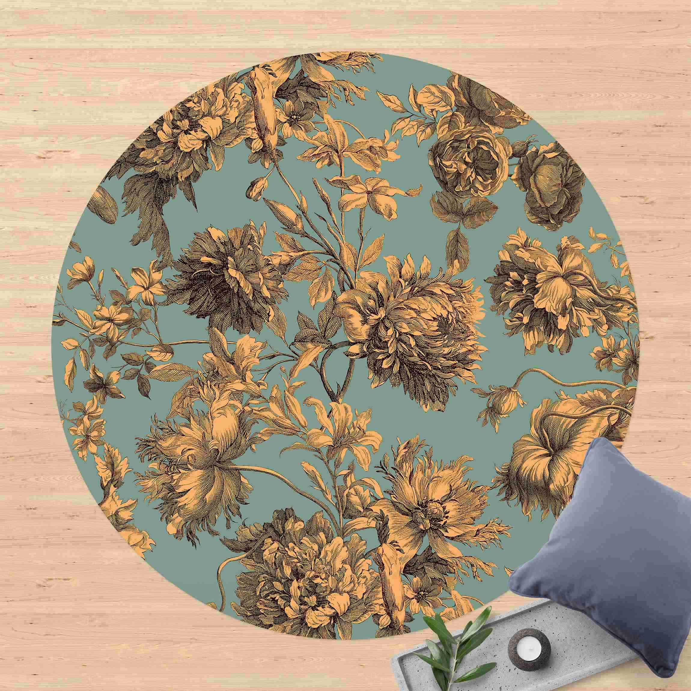 Runder Vinyl-Teppich Floraler Kupferstich Goldblau