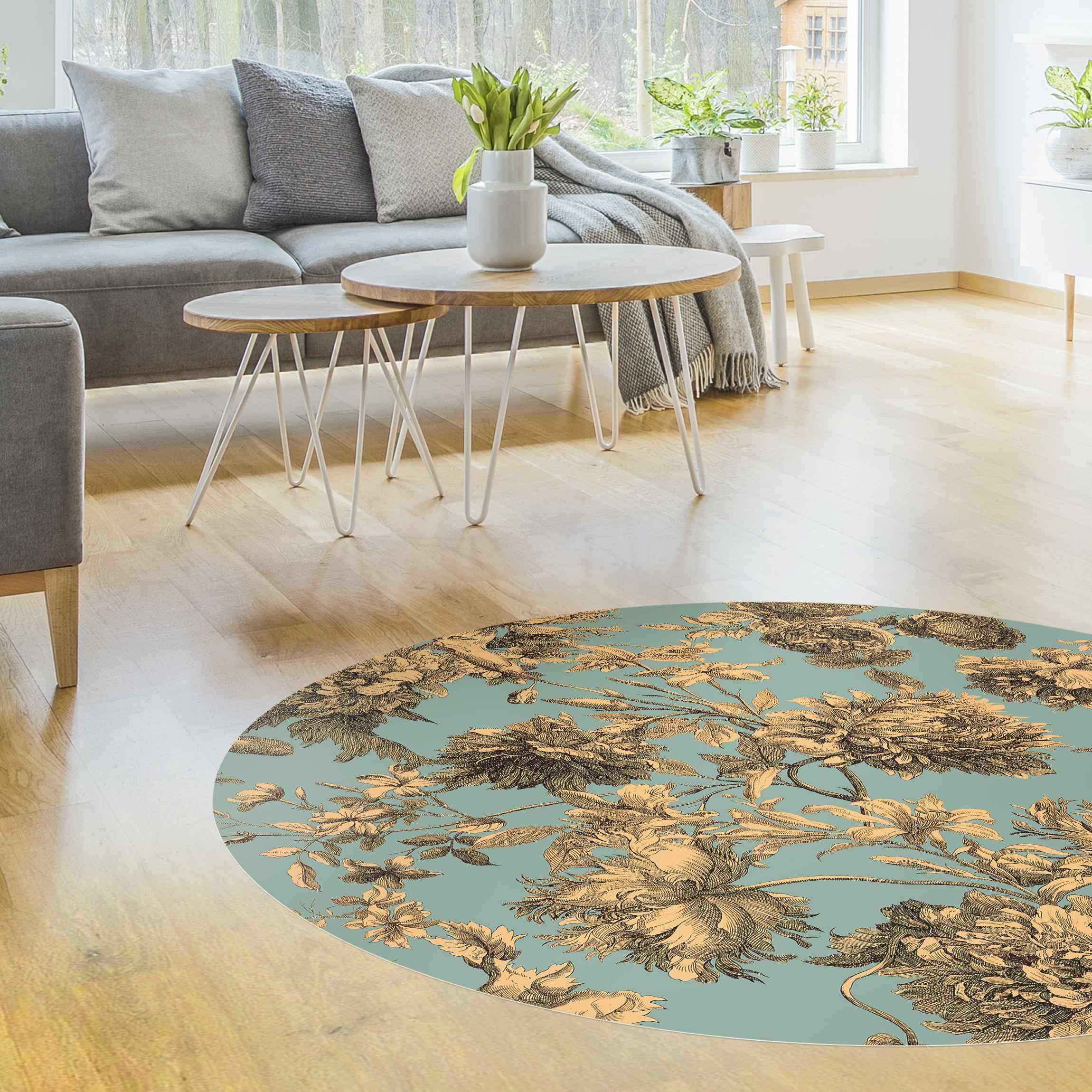 Runder Vinyl-Teppich Floraler Kupferstich Goldblau