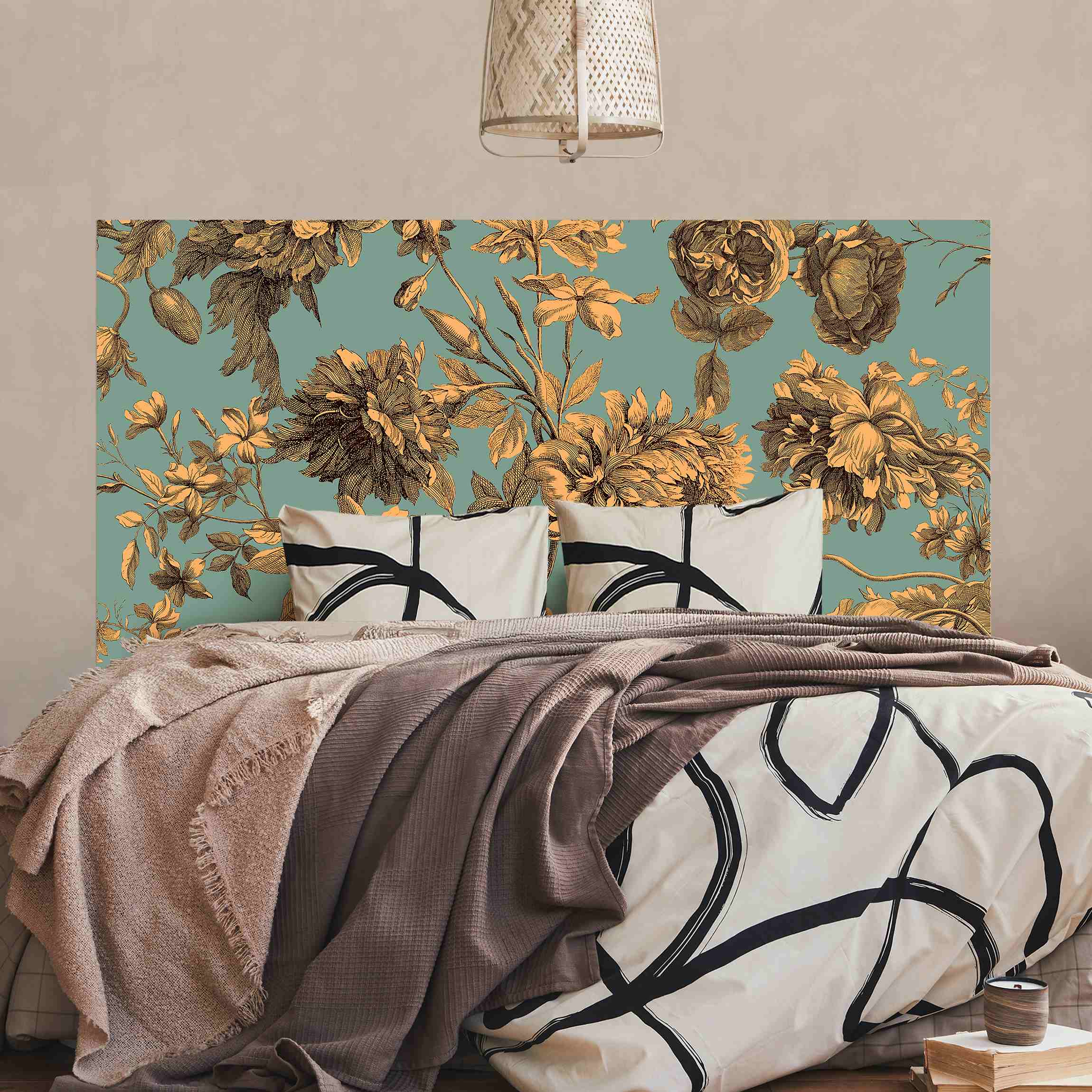 Kopfteil Bett Floraler Kupferstich Goldblau