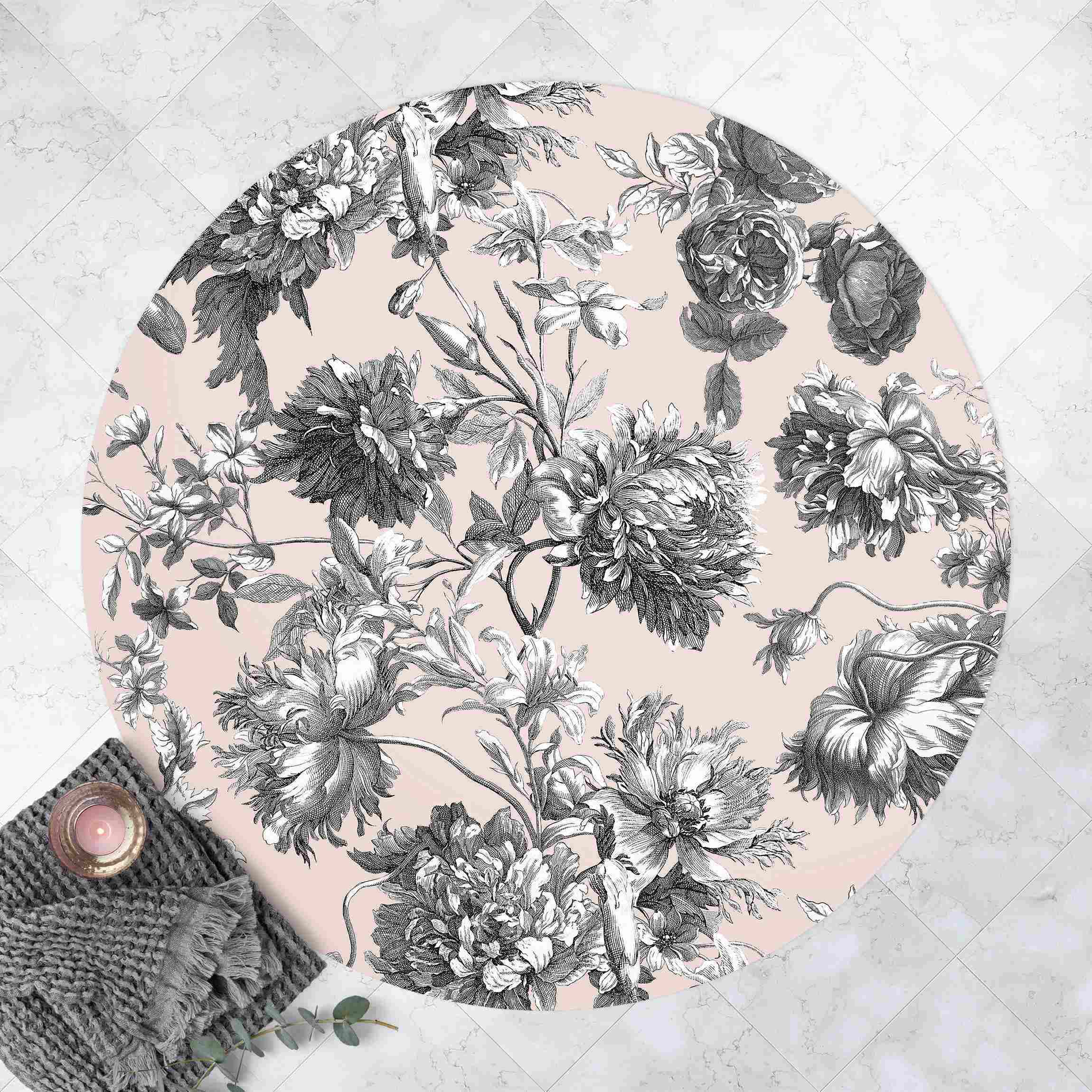 Runder Vinyl-Teppich Floraler Kupferstich Graubeige