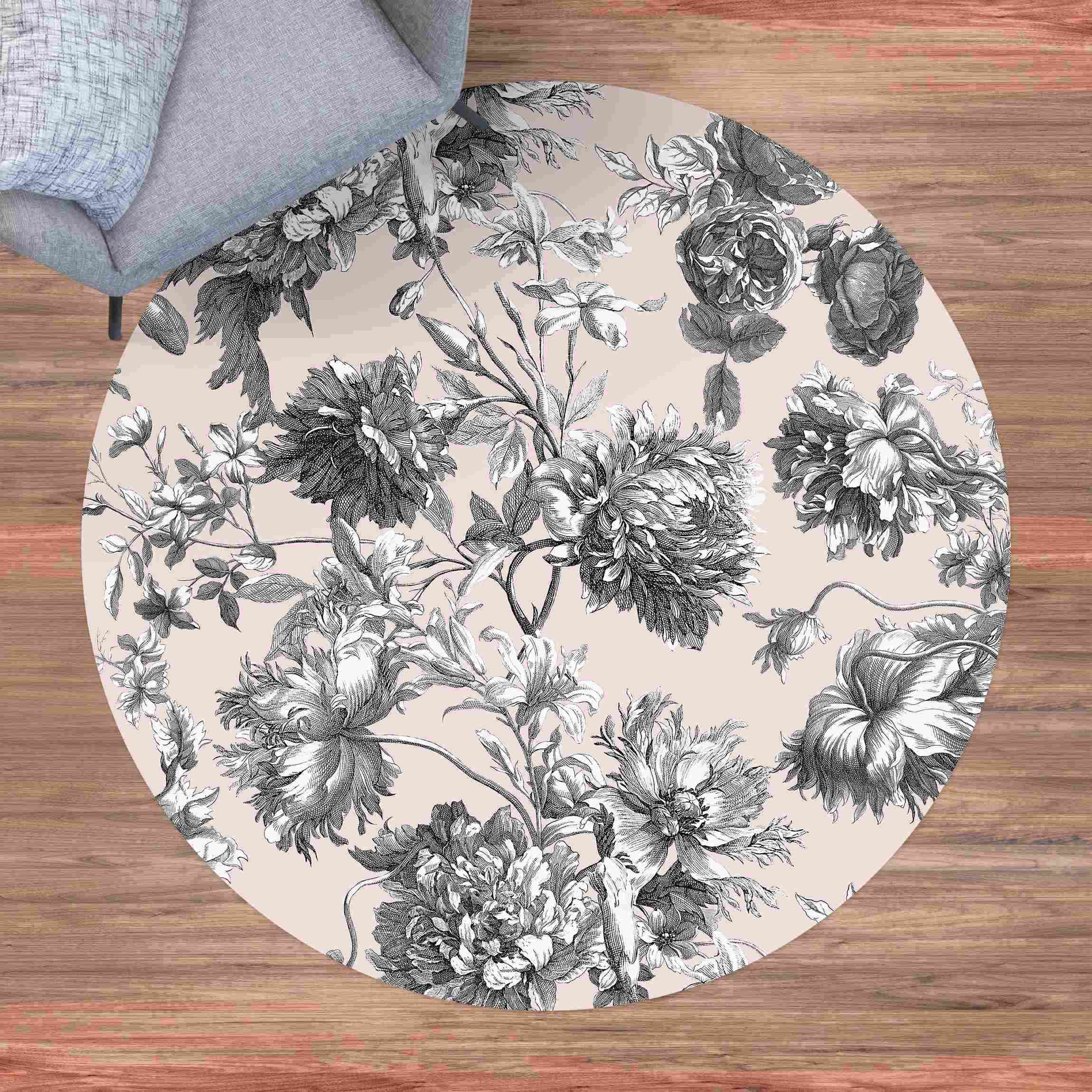 Runder Vinyl-Teppich Floraler Kupferstich Graubeige