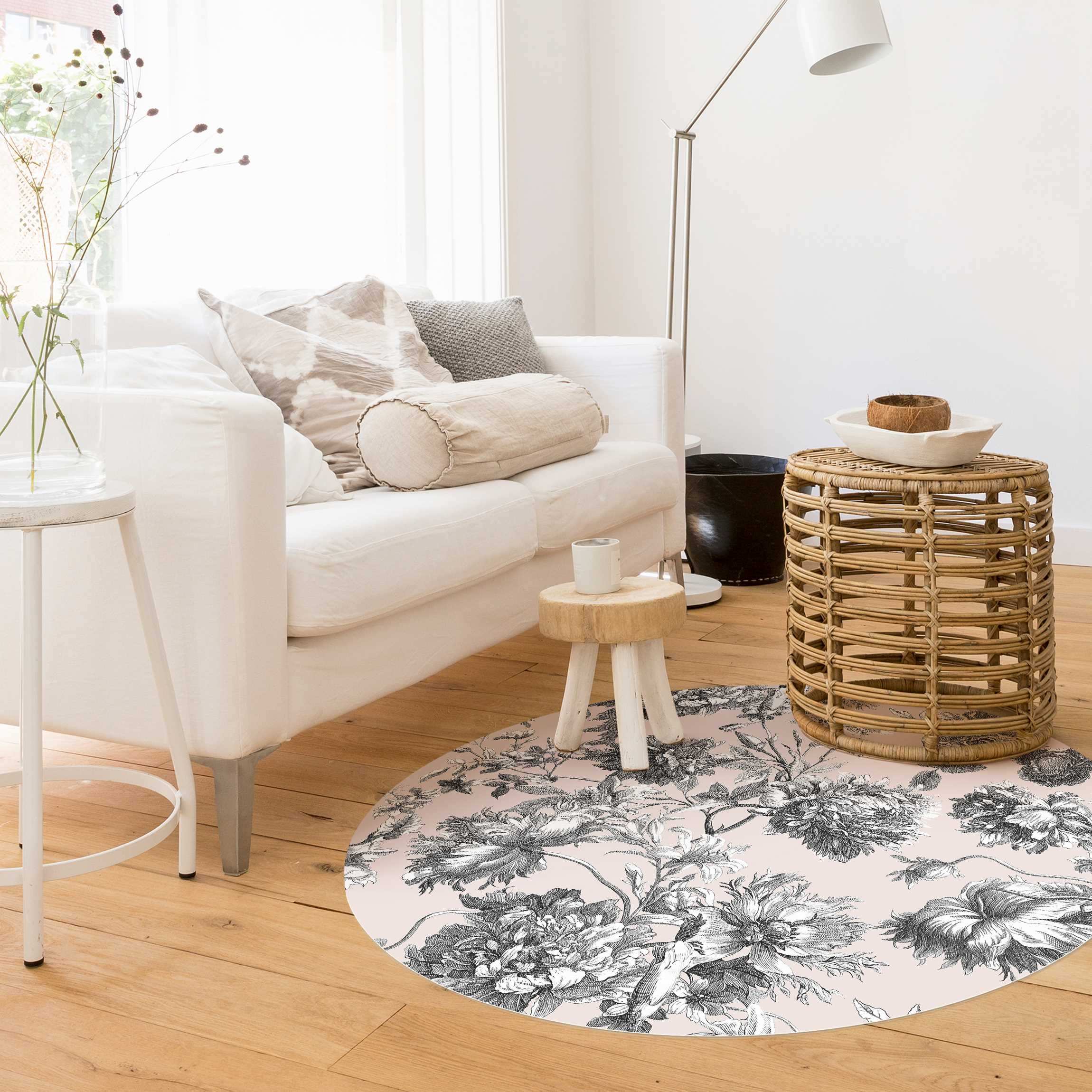 Runder Vinyl-Teppich Floraler Kupferstich Graubeige