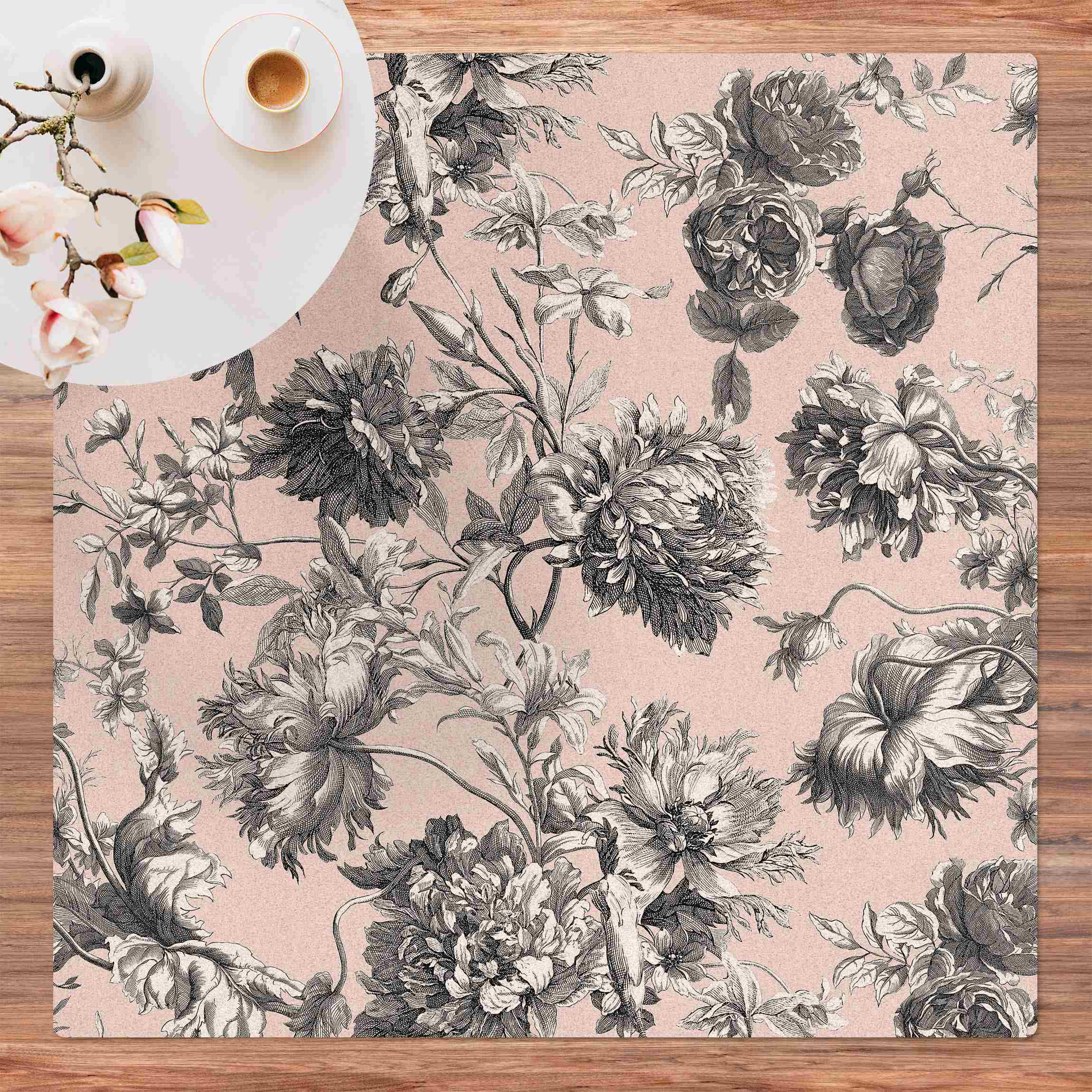 Kork-Teppich Floraler Kupferstich Graubeige