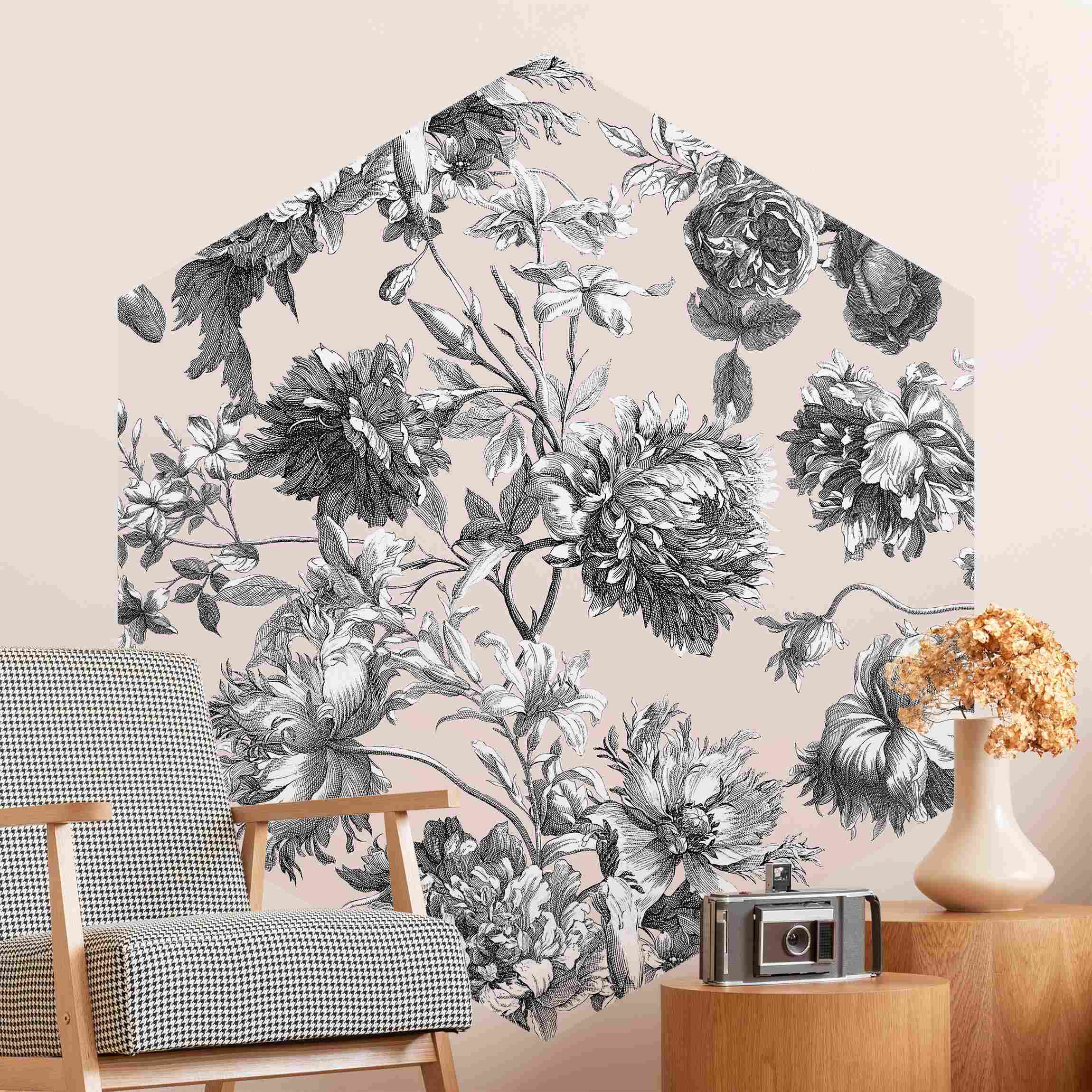 Hexagon Tapete selbstklebend Floraler Kupferstich Graubeige