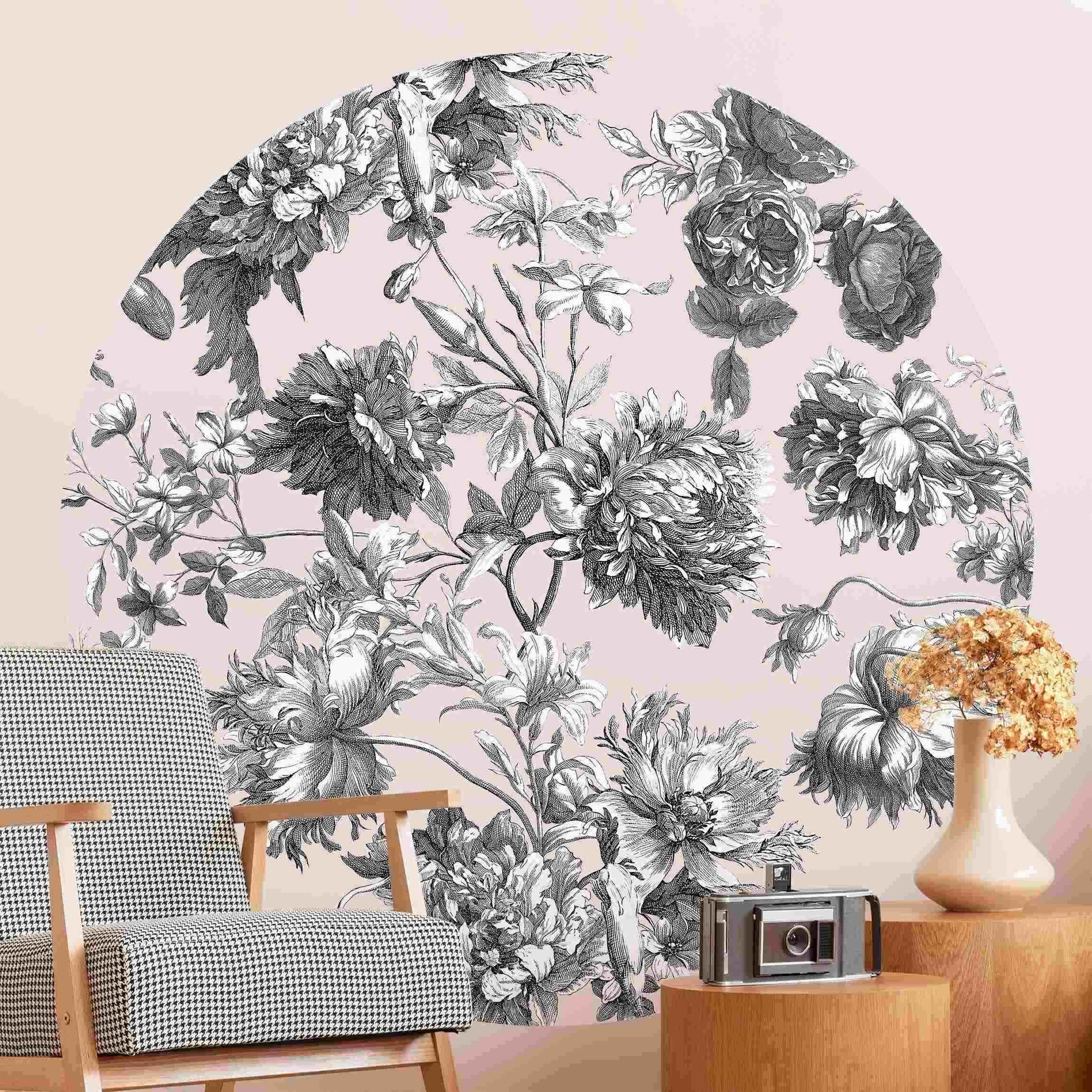 Runde Tapete selbstklebend Floraler Kupferstich Graubeige