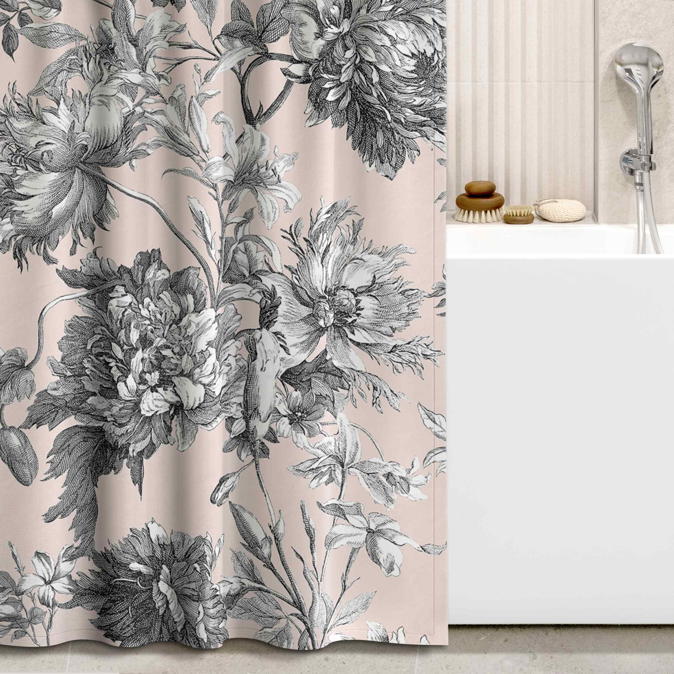 Duschvorhang Floraler Kupferstich Graubeige