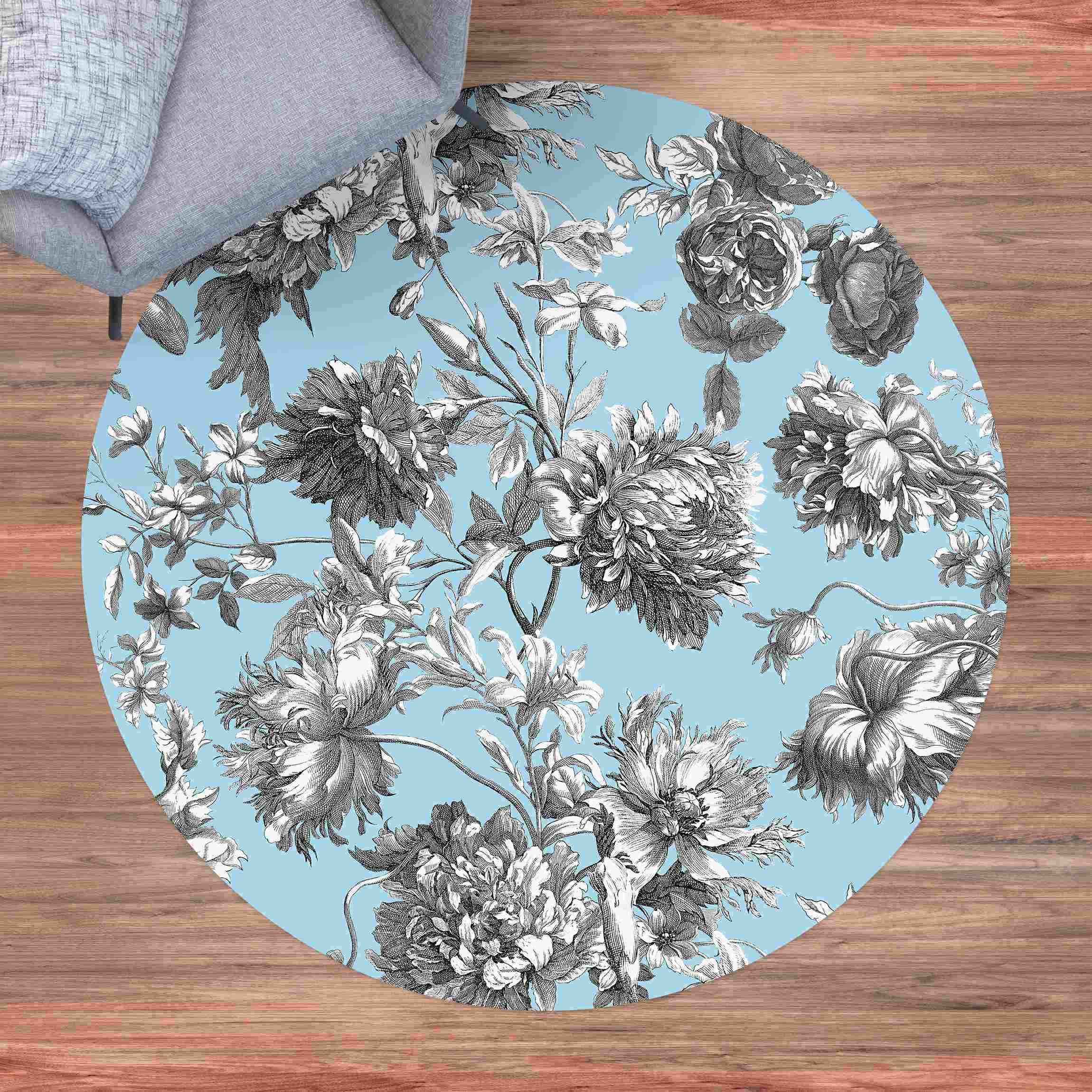 Runder Vinyl-Teppich Floraler Kupferstich Graublau