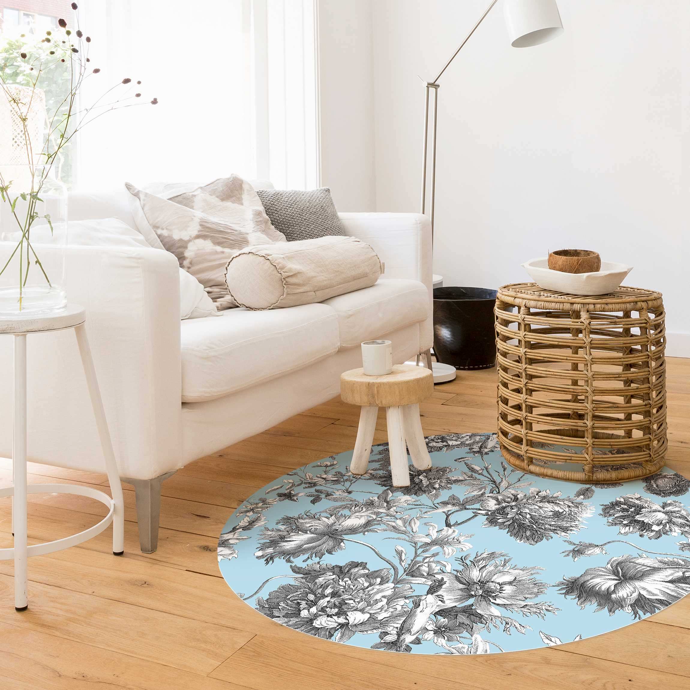 Runder Vinyl-Teppich Floraler Kupferstich Graublau