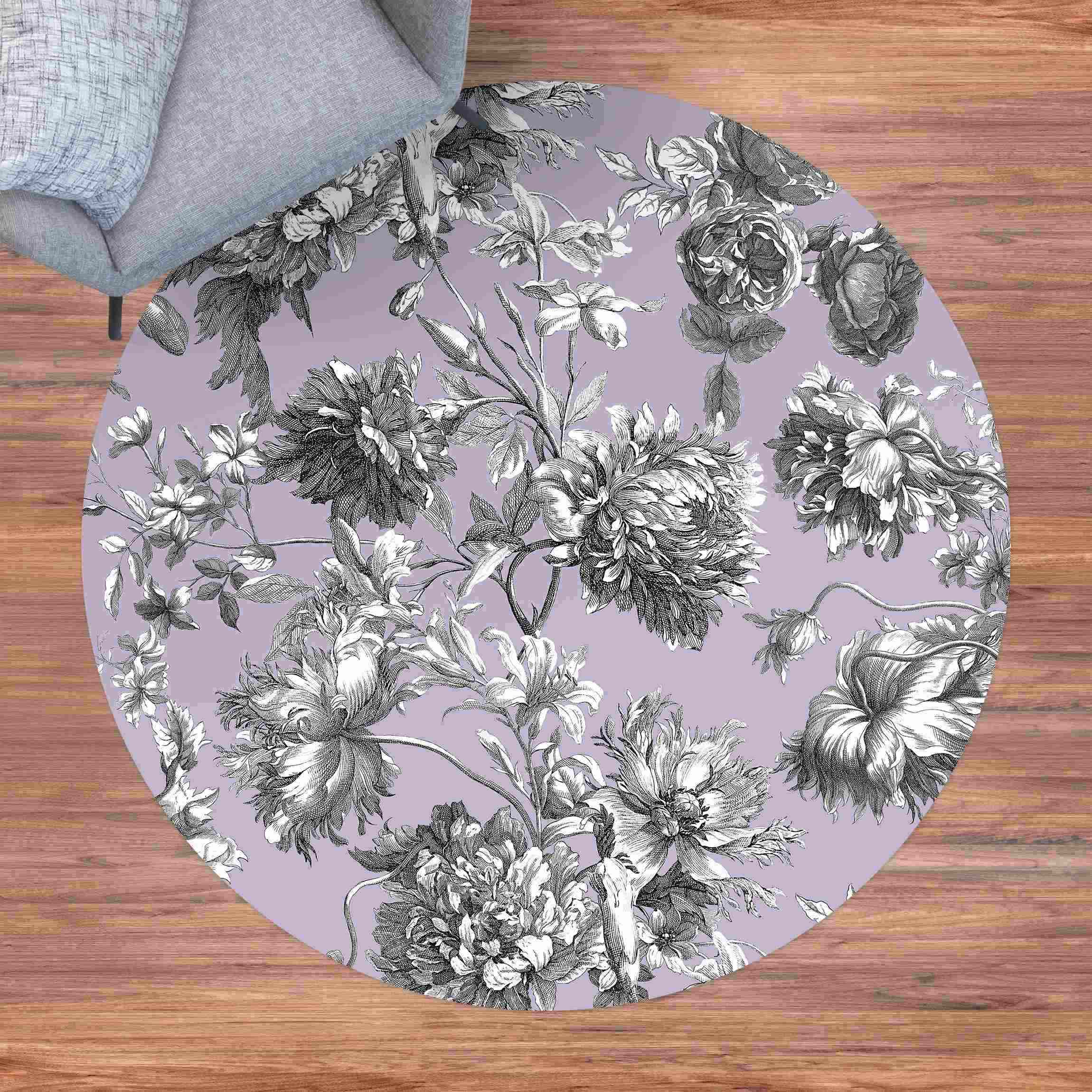 Runder Vinyl-Teppich Floraler Kupferstich Grauflieder