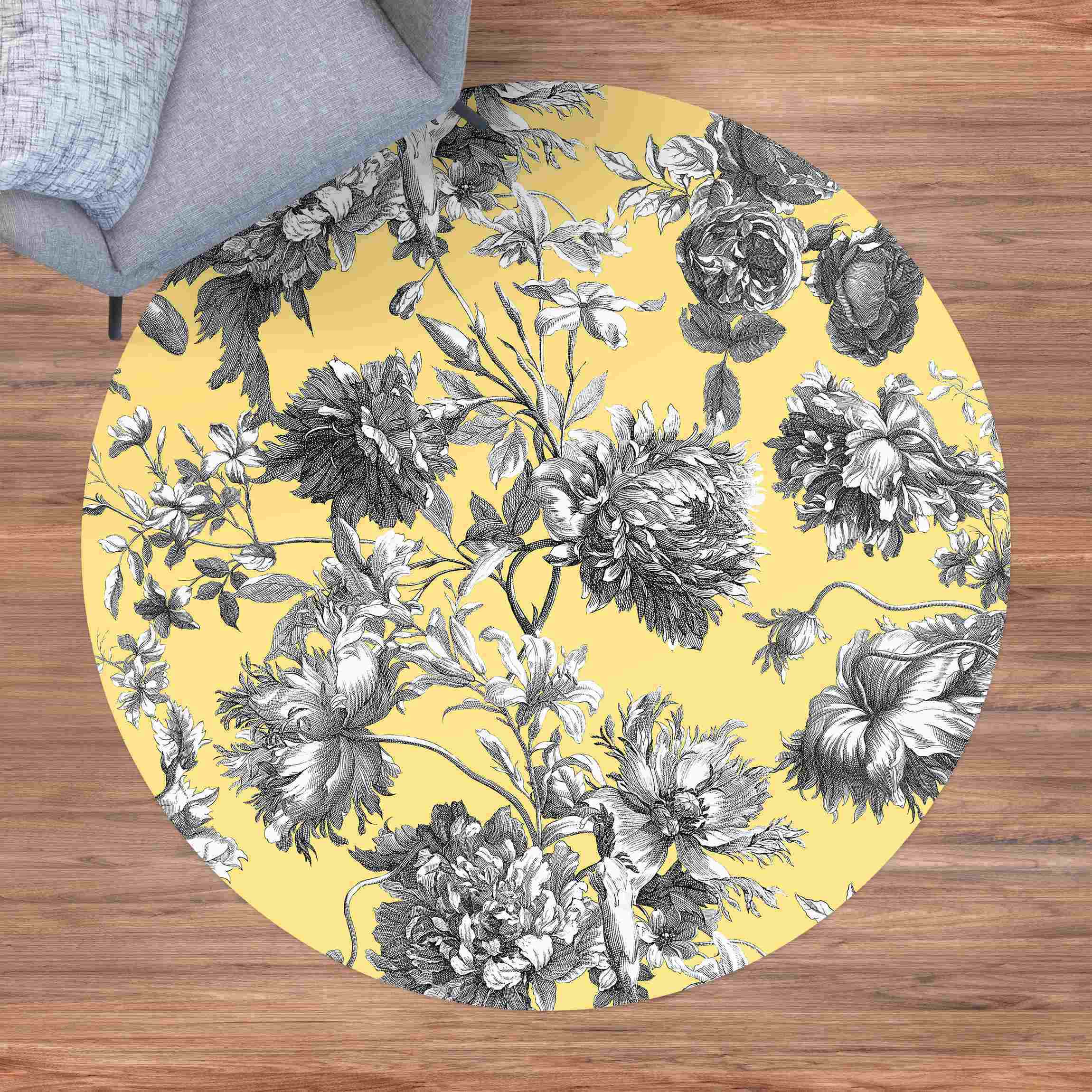 Runder Vinyl-Teppich Floraler Kupferstich Graugelb