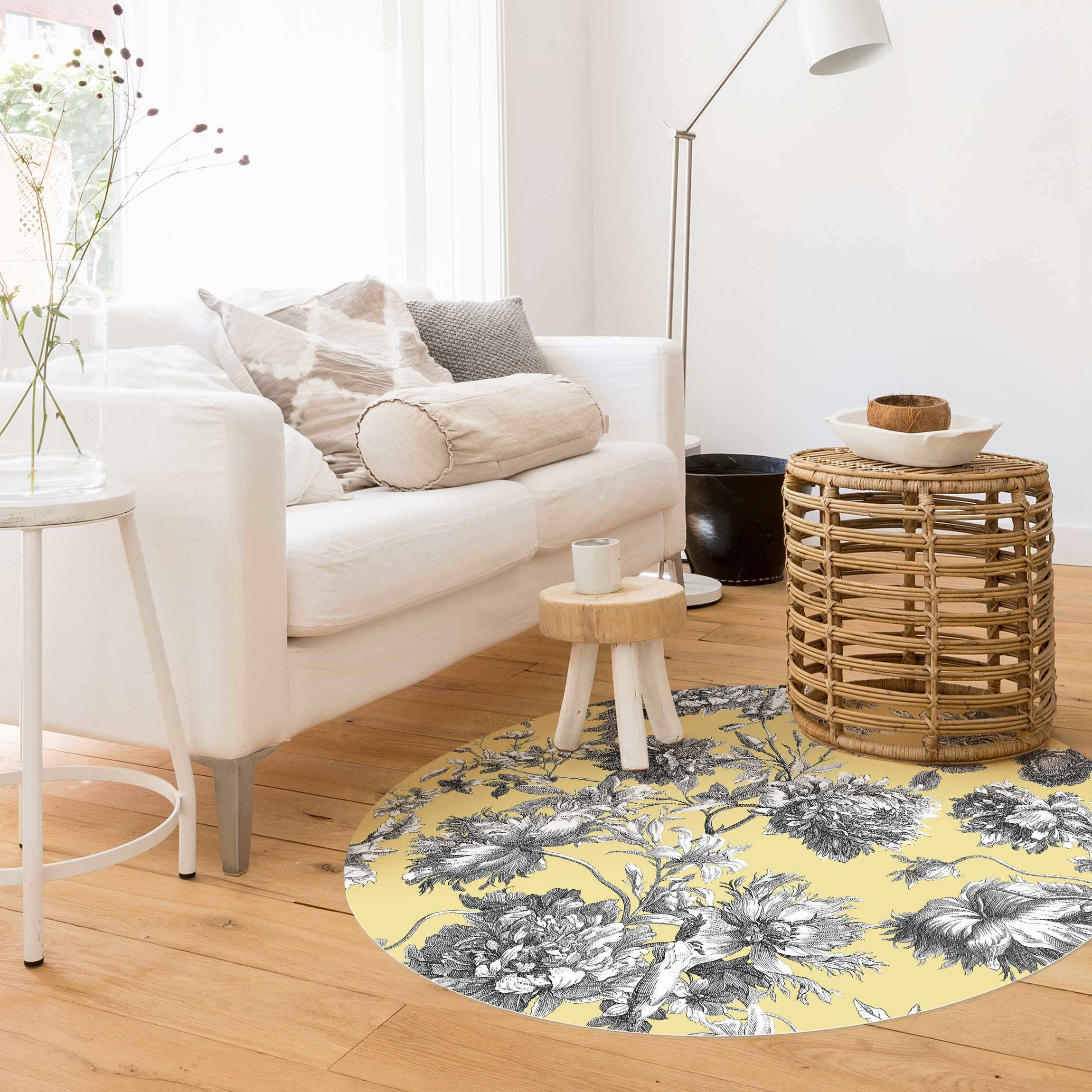 Runder Vinyl-Teppich Floraler Kupferstich Graugelb