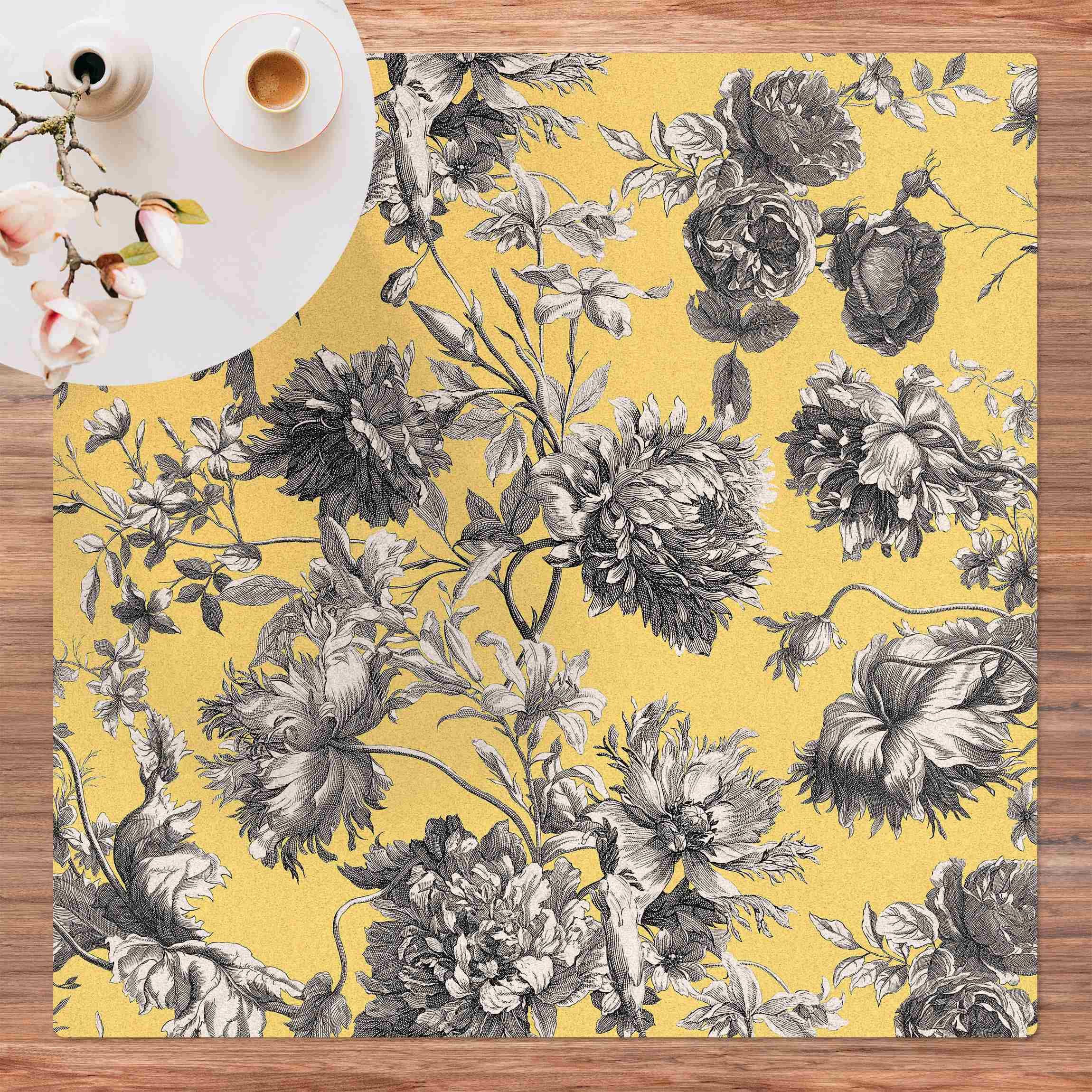 Kork-Teppich Floraler Kupferstich Graugelb