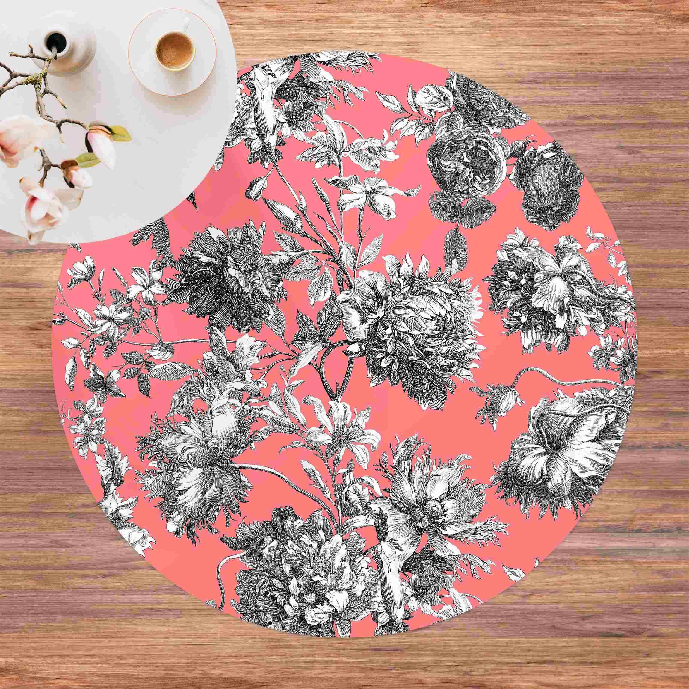 Runder Vinyl-Teppich Floraler Kupferstich Graukoralle