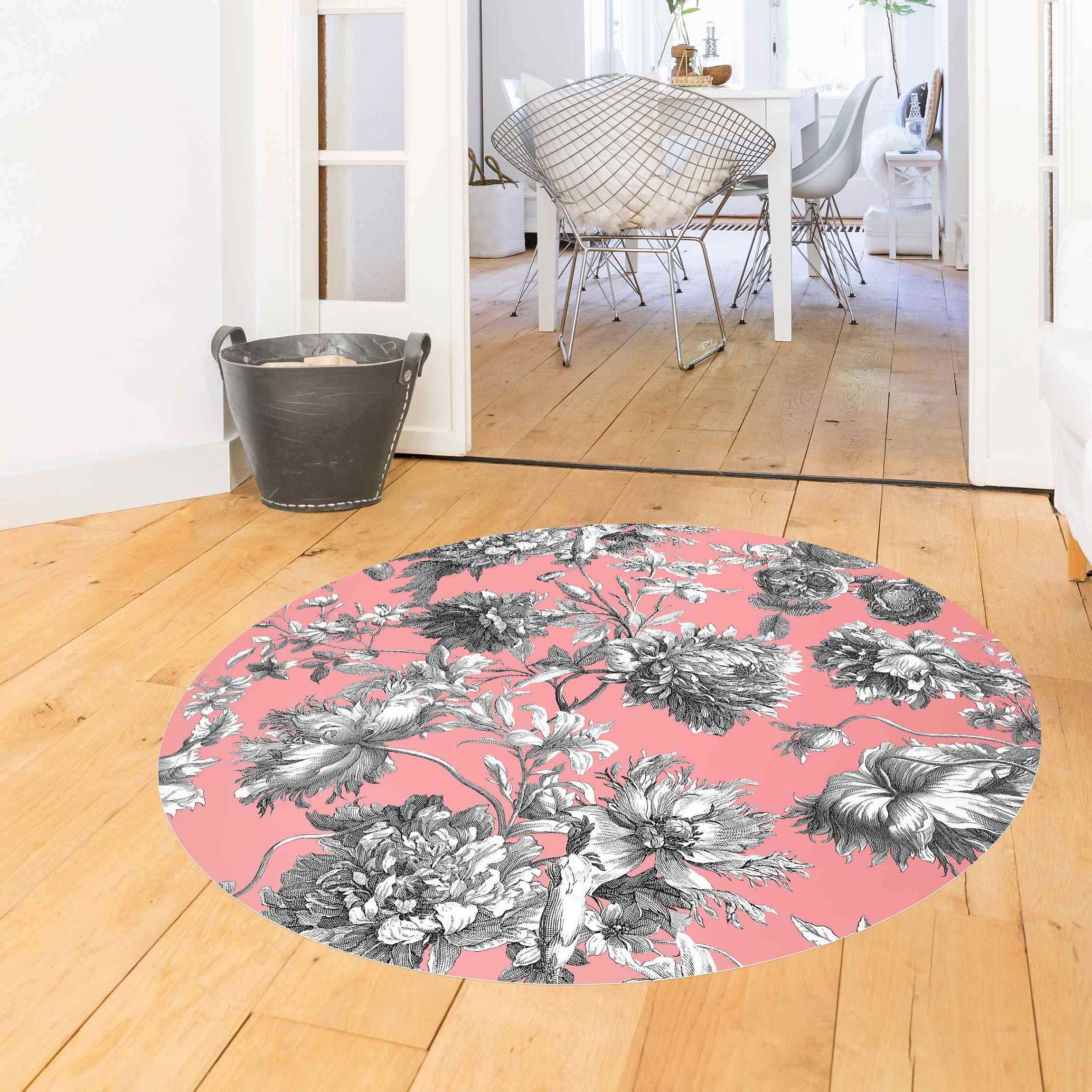 Runder Vinyl-Teppich Floraler Kupferstich Graukoralle