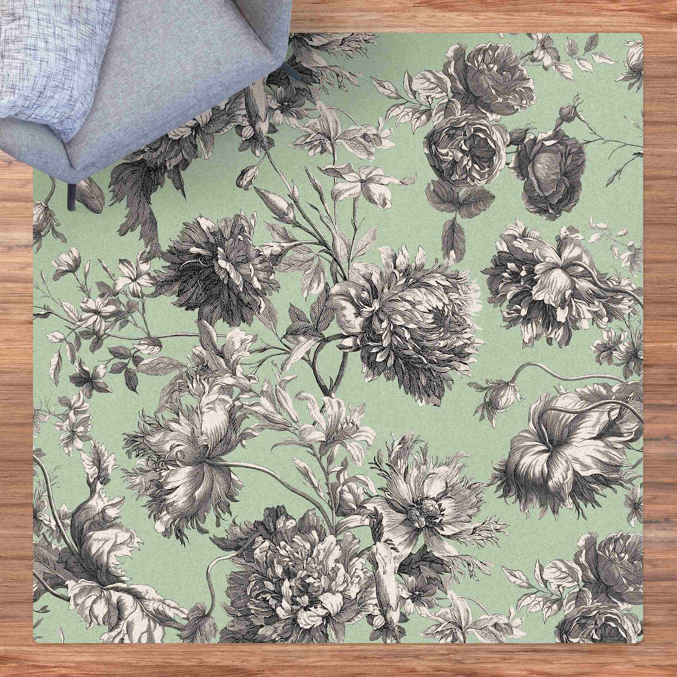 Kork-Teppich Floraler Kupferstich Graumint