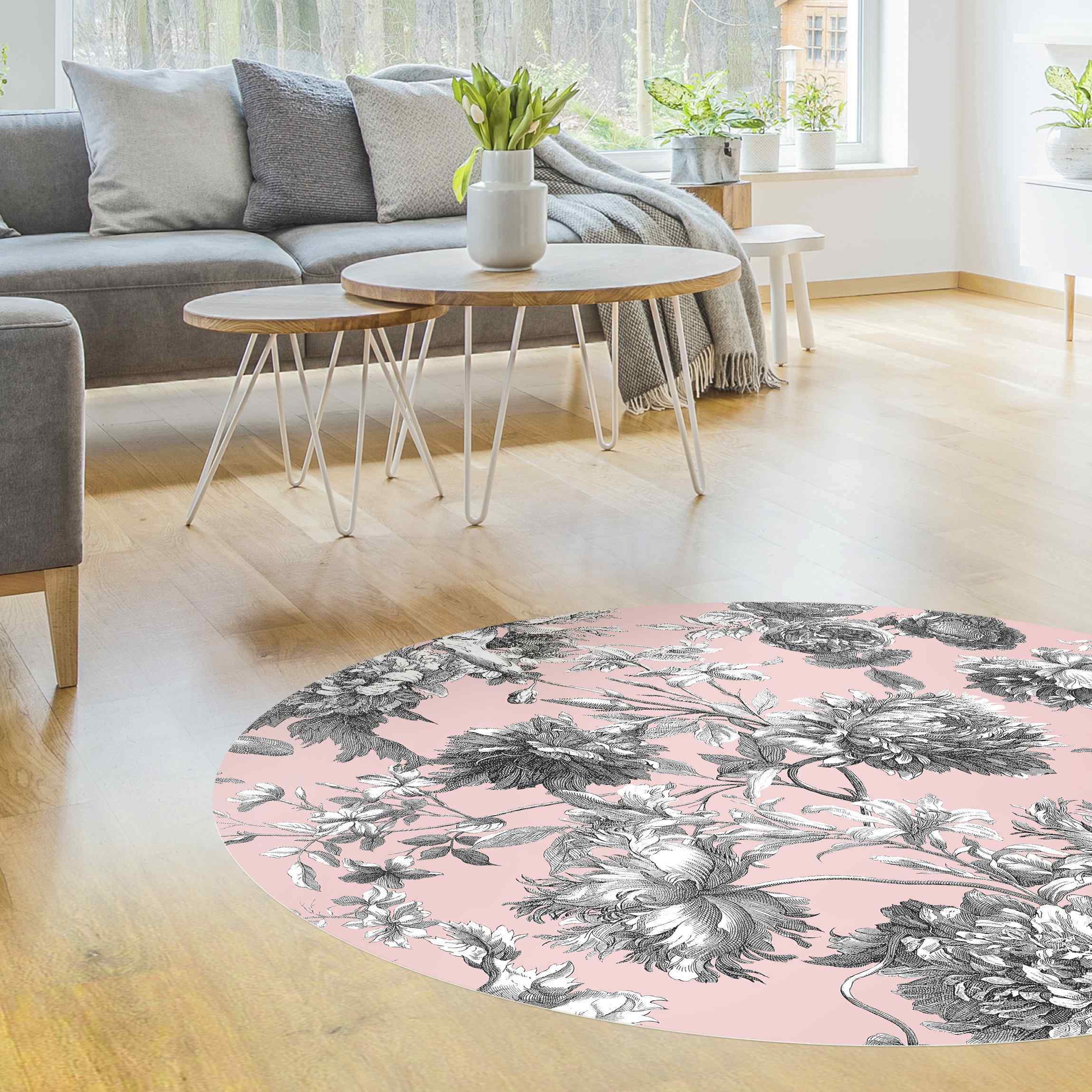 Runder Vinyl-Teppich Floraler Kupferstich Graurosa