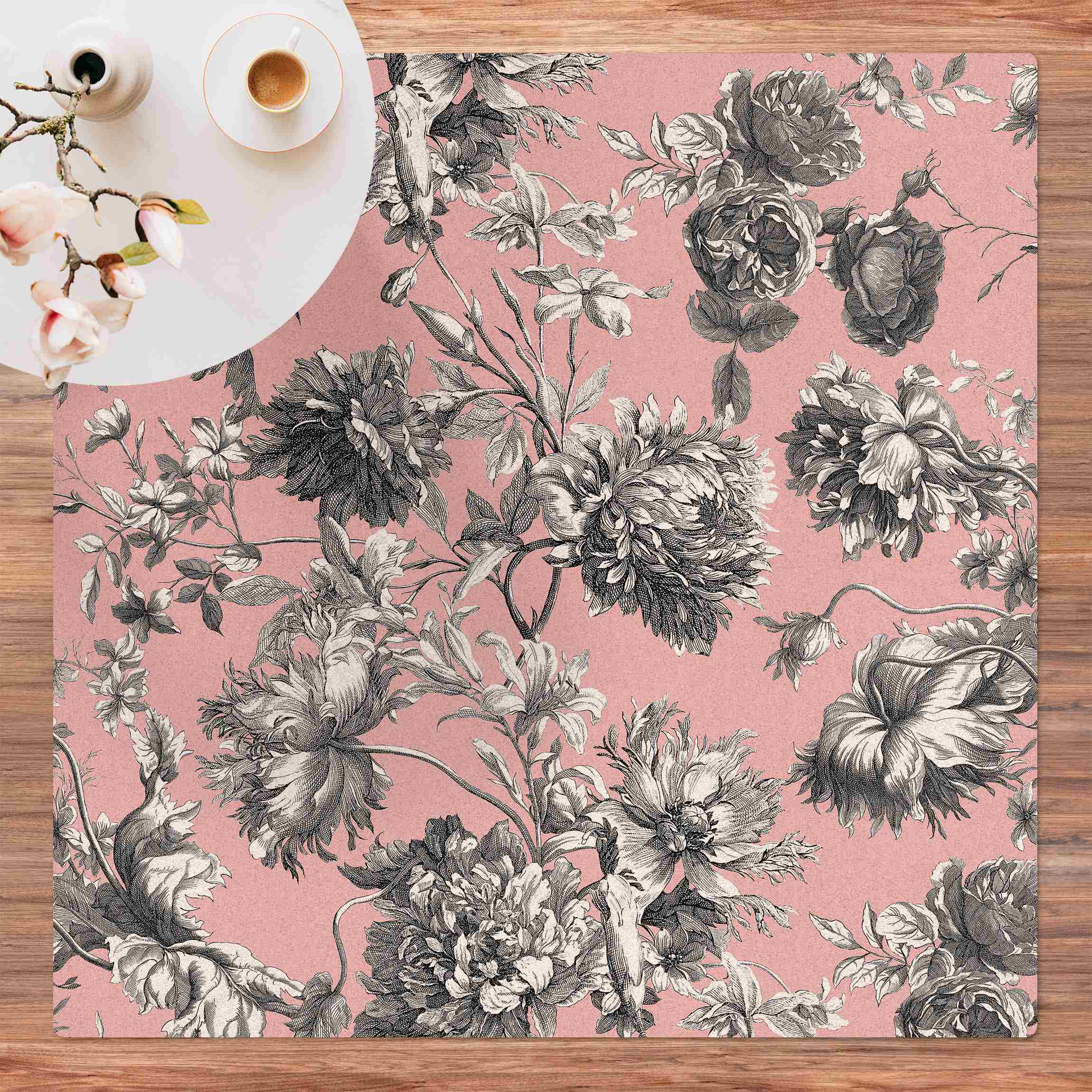 Kork-Teppich Floraler Kupferstich Graurosa