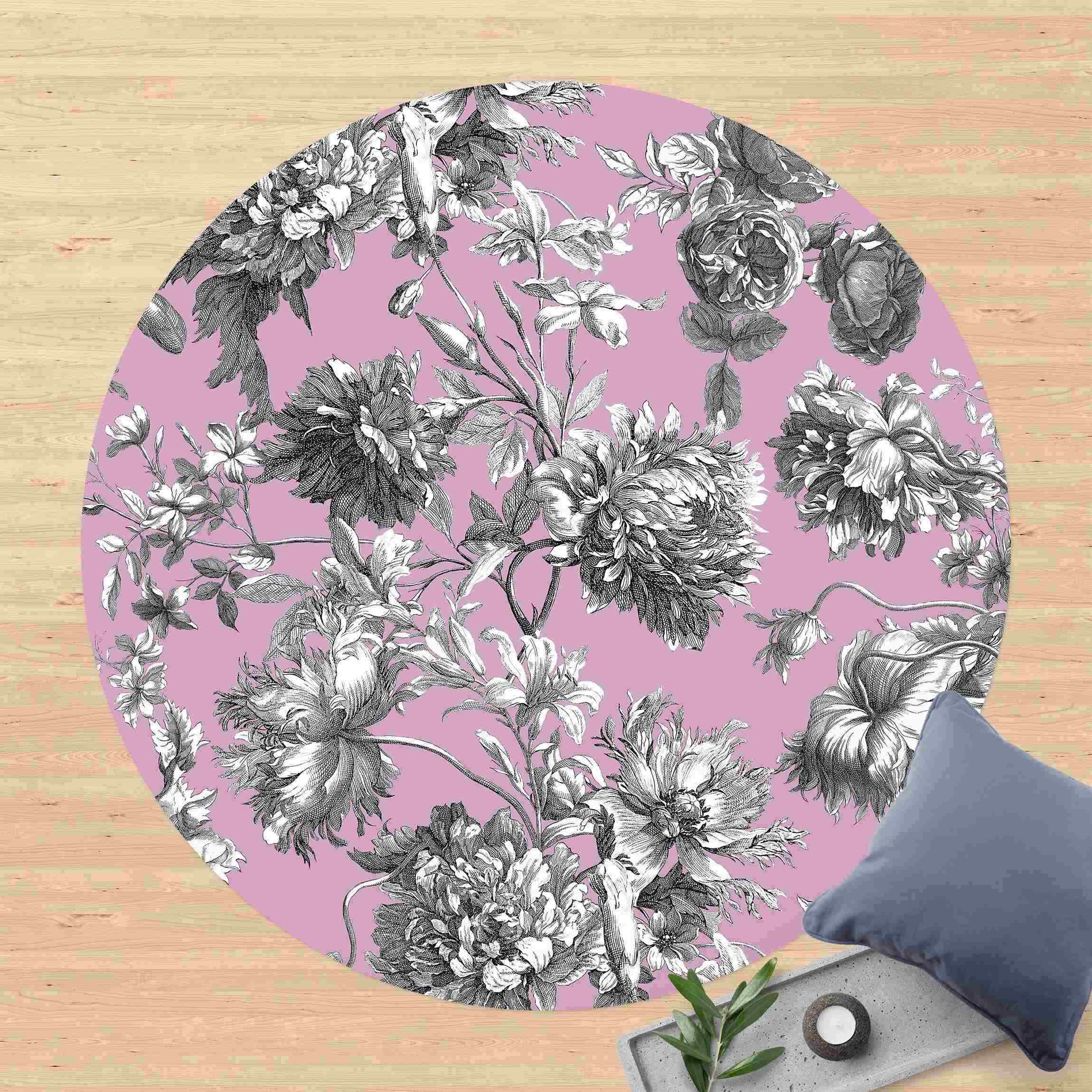 Runder Vinyl-Teppich Floraler Kupferstich Grauviolett