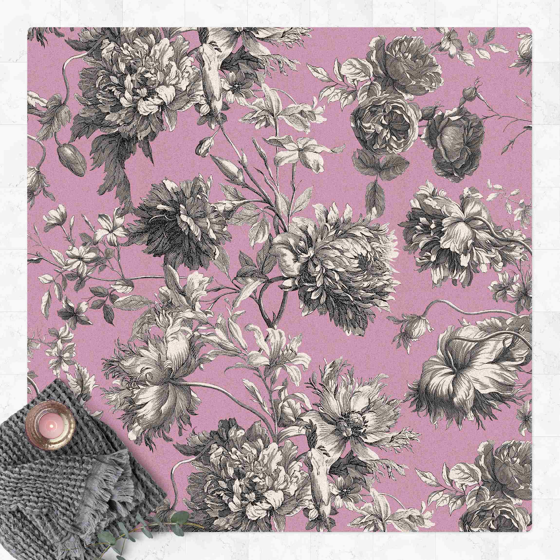 Kork-Teppich Floraler Kupferstich Grauviolett