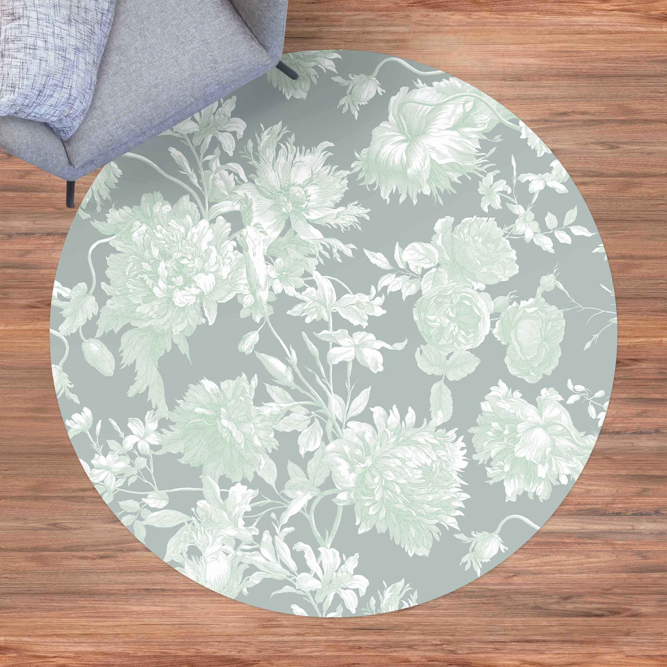 Runder Vinyl-Teppich Floraler Kupferstich Mintgrau