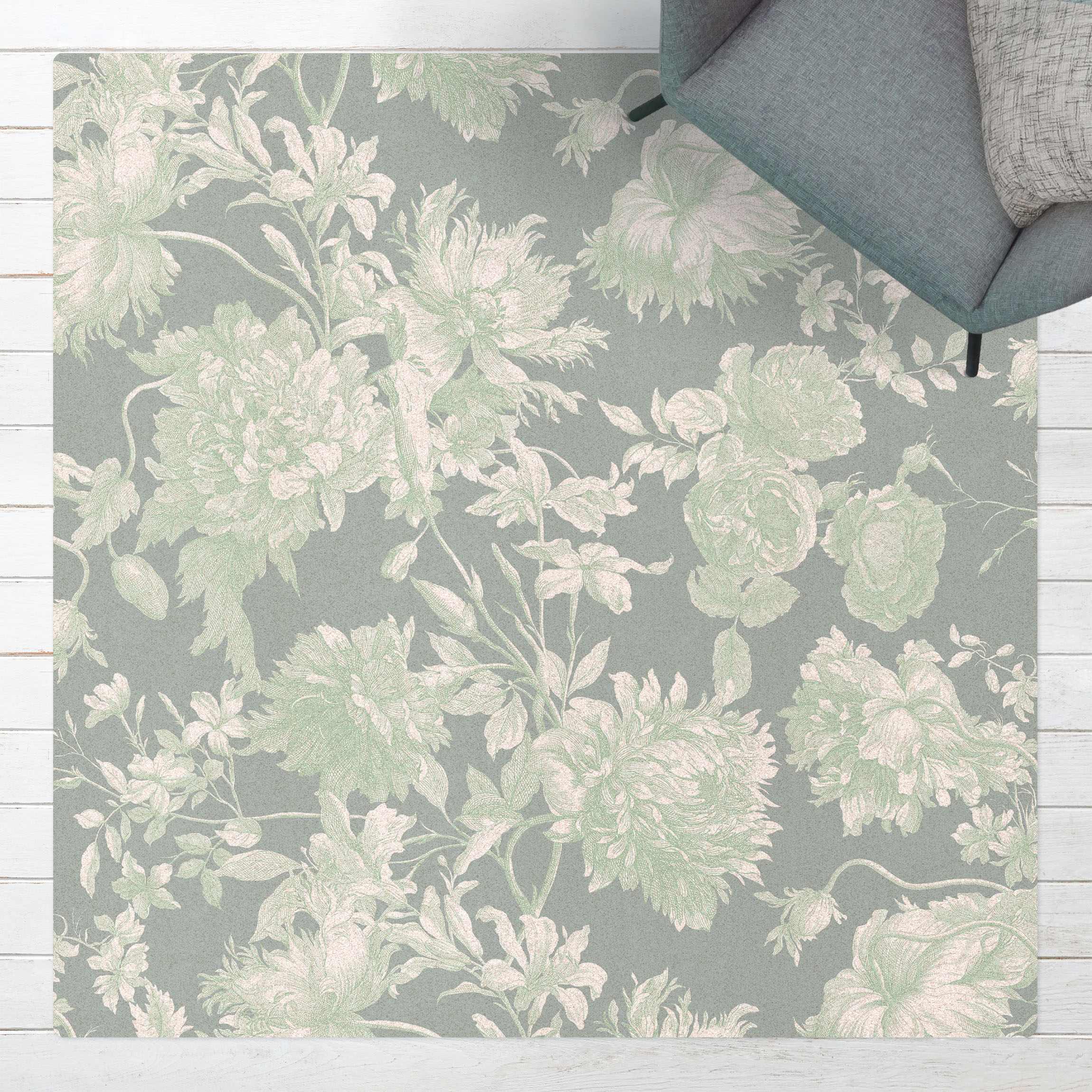 Kork-Teppich Floraler Kupferstich Mintgrau