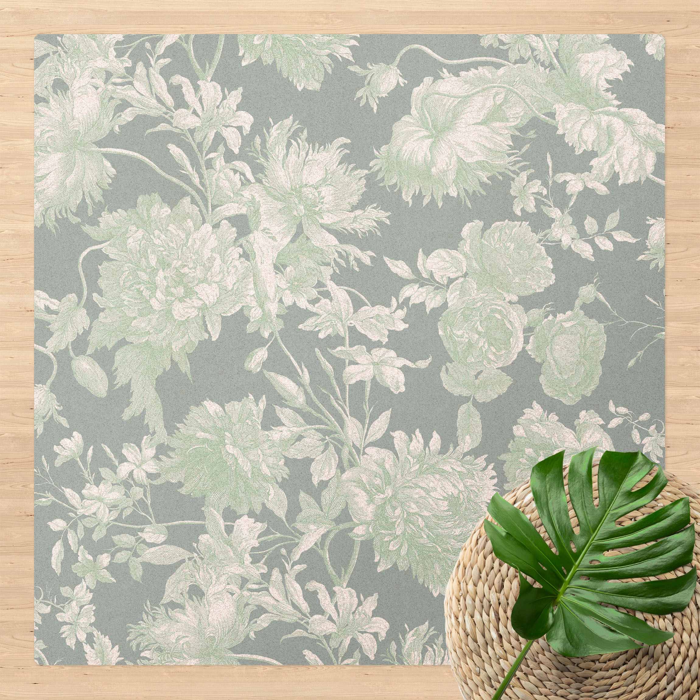 Kork-Teppich Floraler Kupferstich Mintgrau