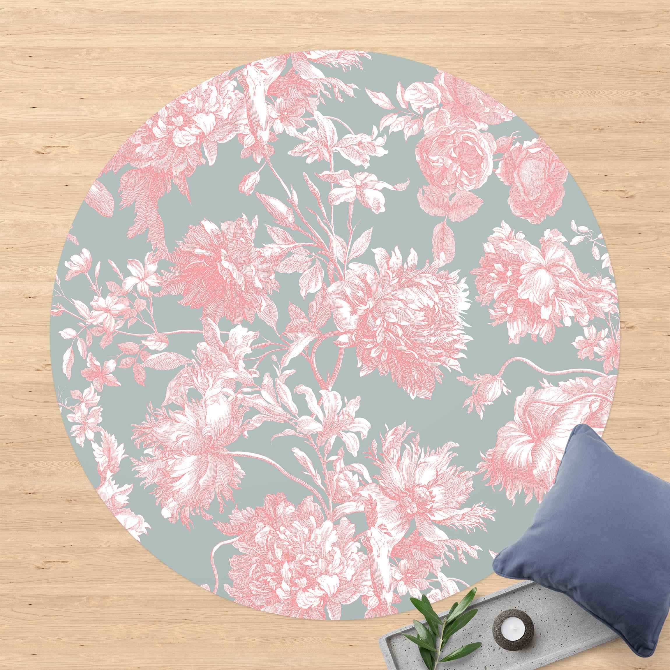 Runder Vinyl-Teppich Floraler Kupferstich Rosagrau