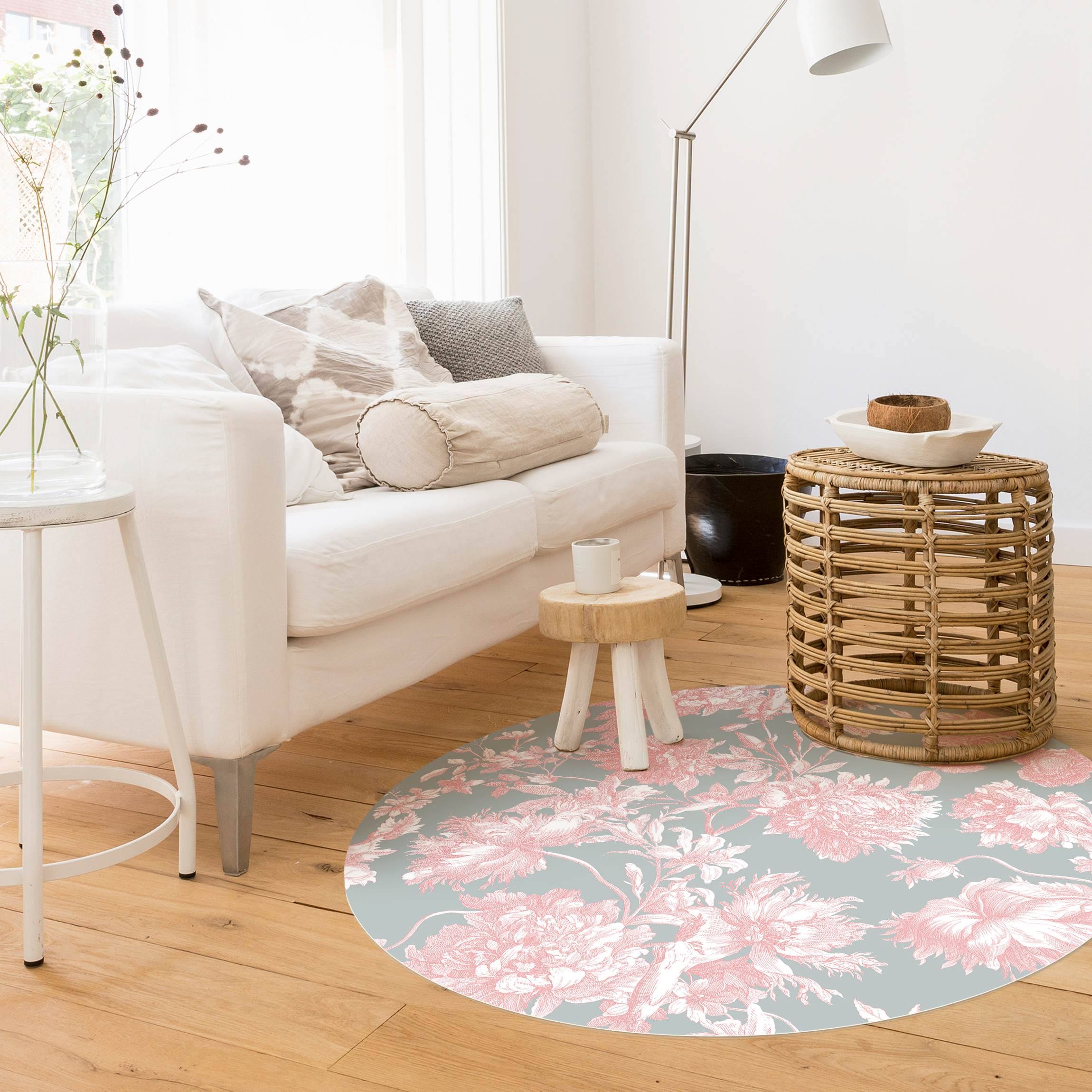 Runder Vinyl-Teppich Floraler Kupferstich Rosagrau