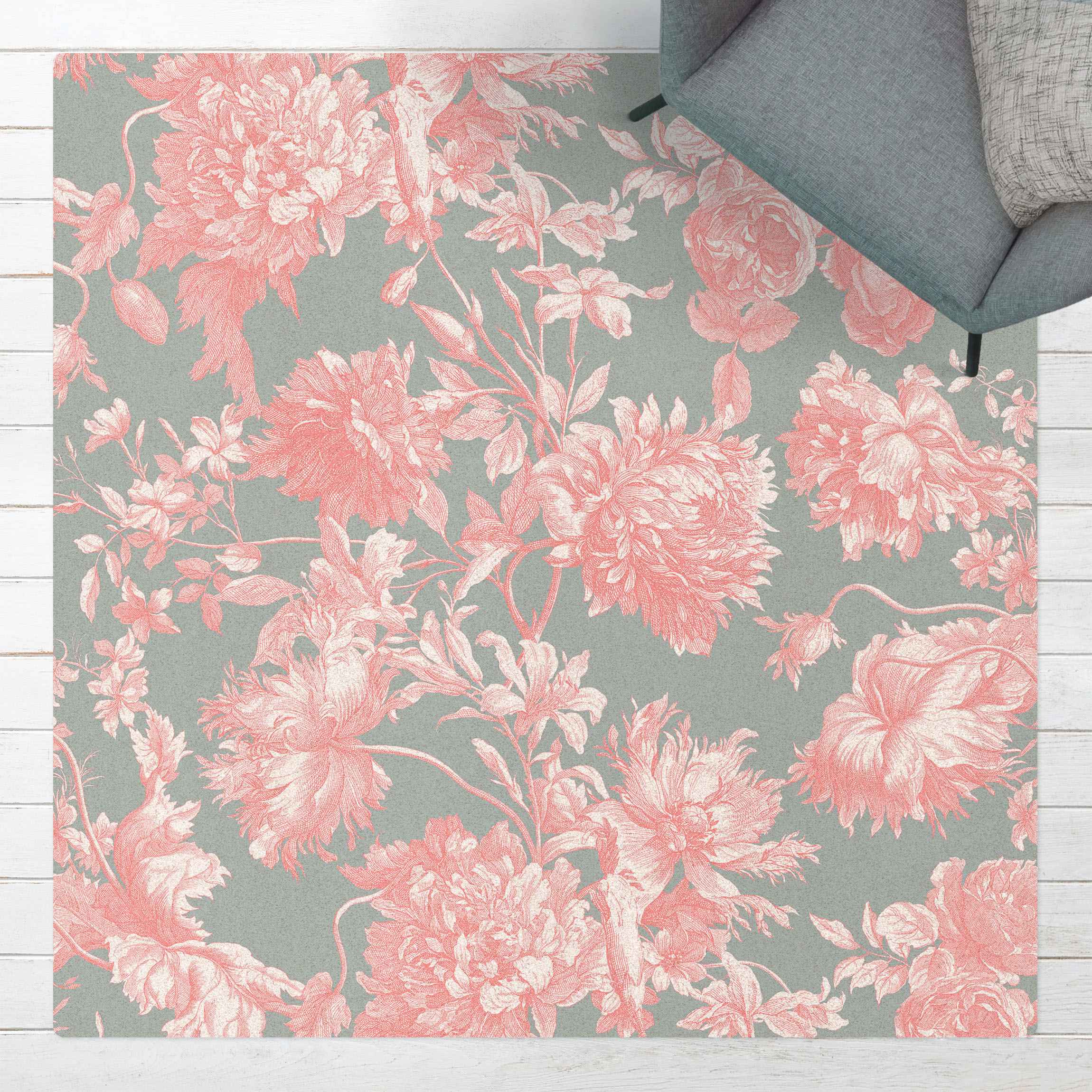 Kork-Teppich Floraler Kupferstich Rosagrau