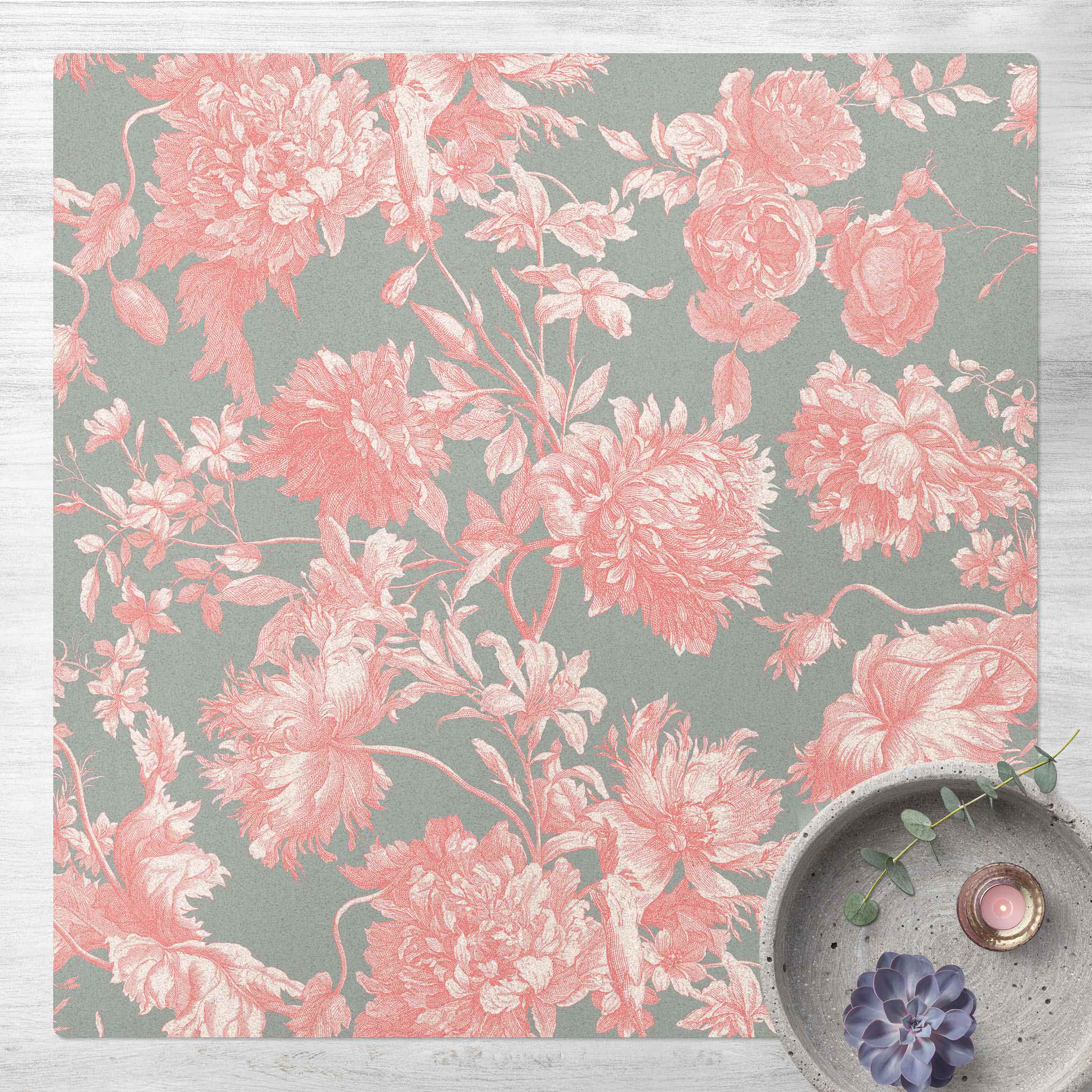 Kork-Teppich Floraler Kupferstich Rosagrau