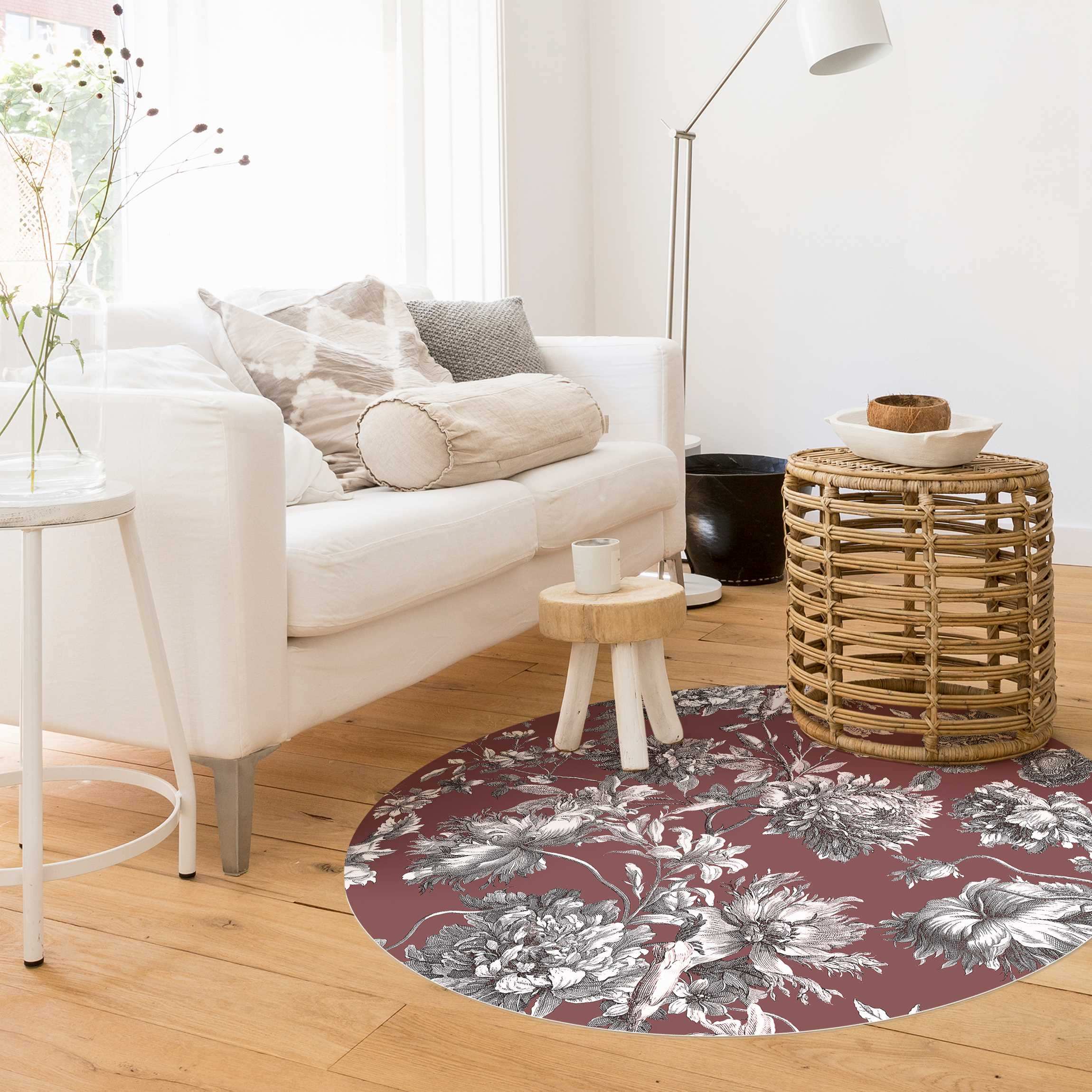Runder Vinyl-Teppich Floraler Kupferstich Rotbraun