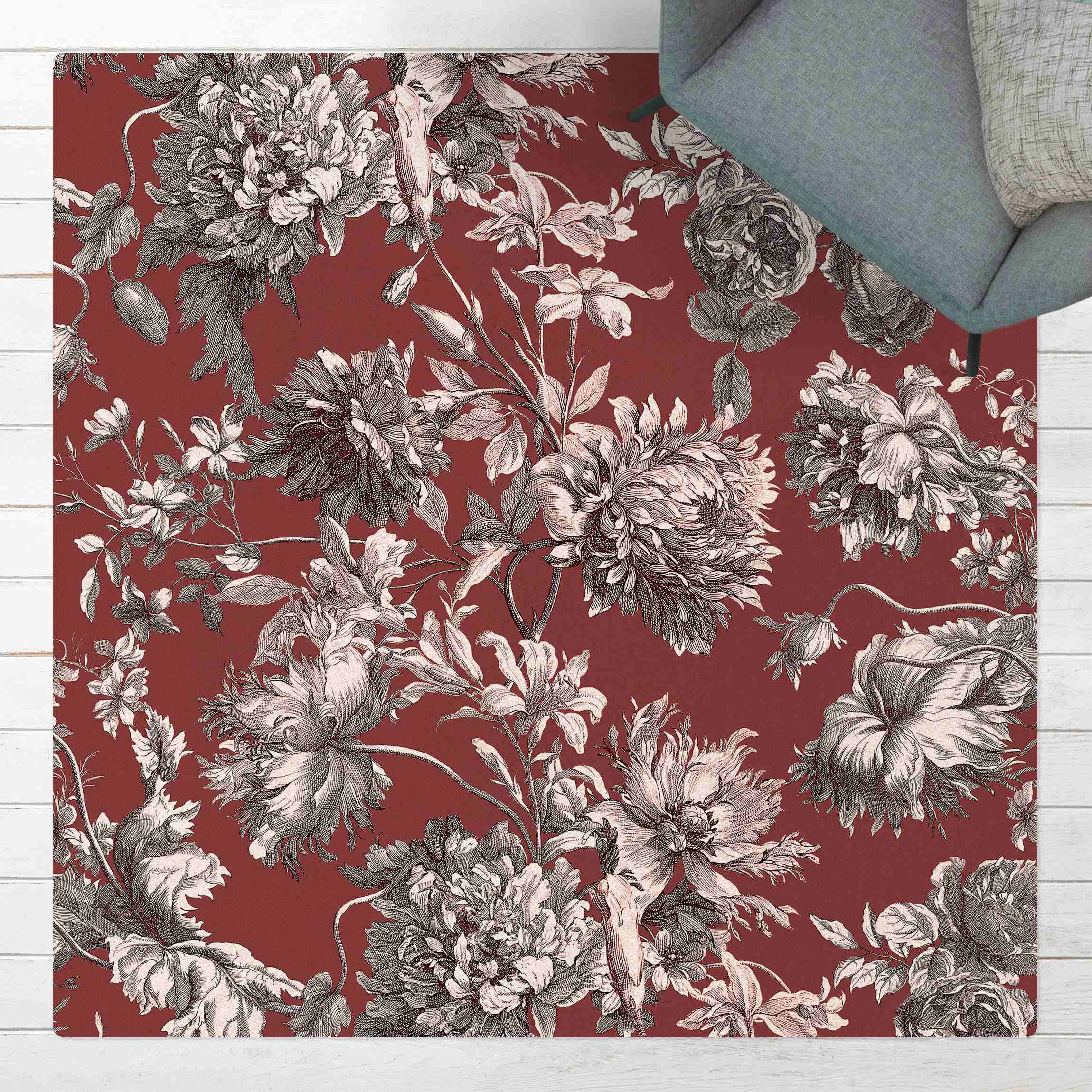 Kork-Teppich Floraler Kupferstich Rotbraun