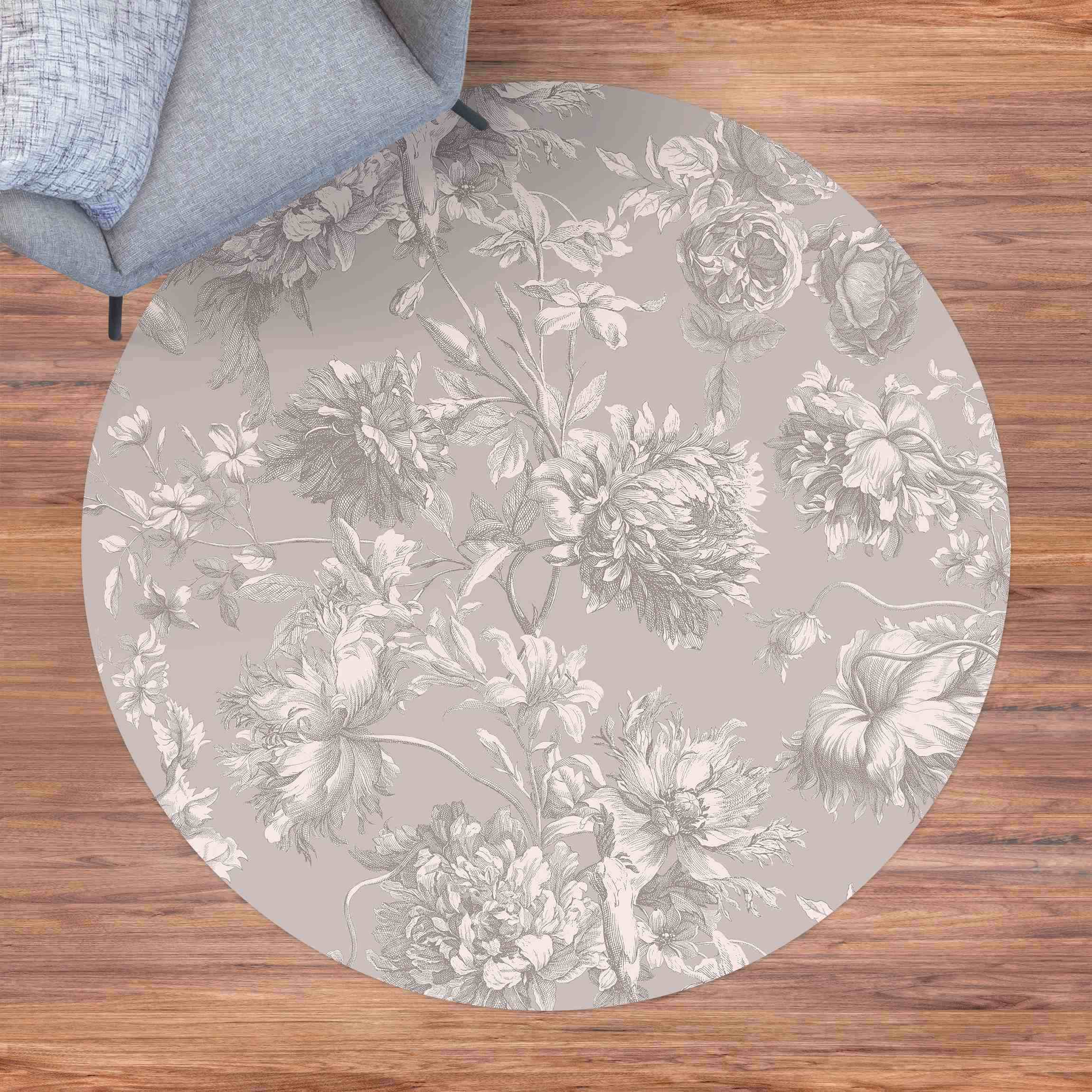 Runder Vinyl-Teppich Floraler Kupferstich Sandgrau