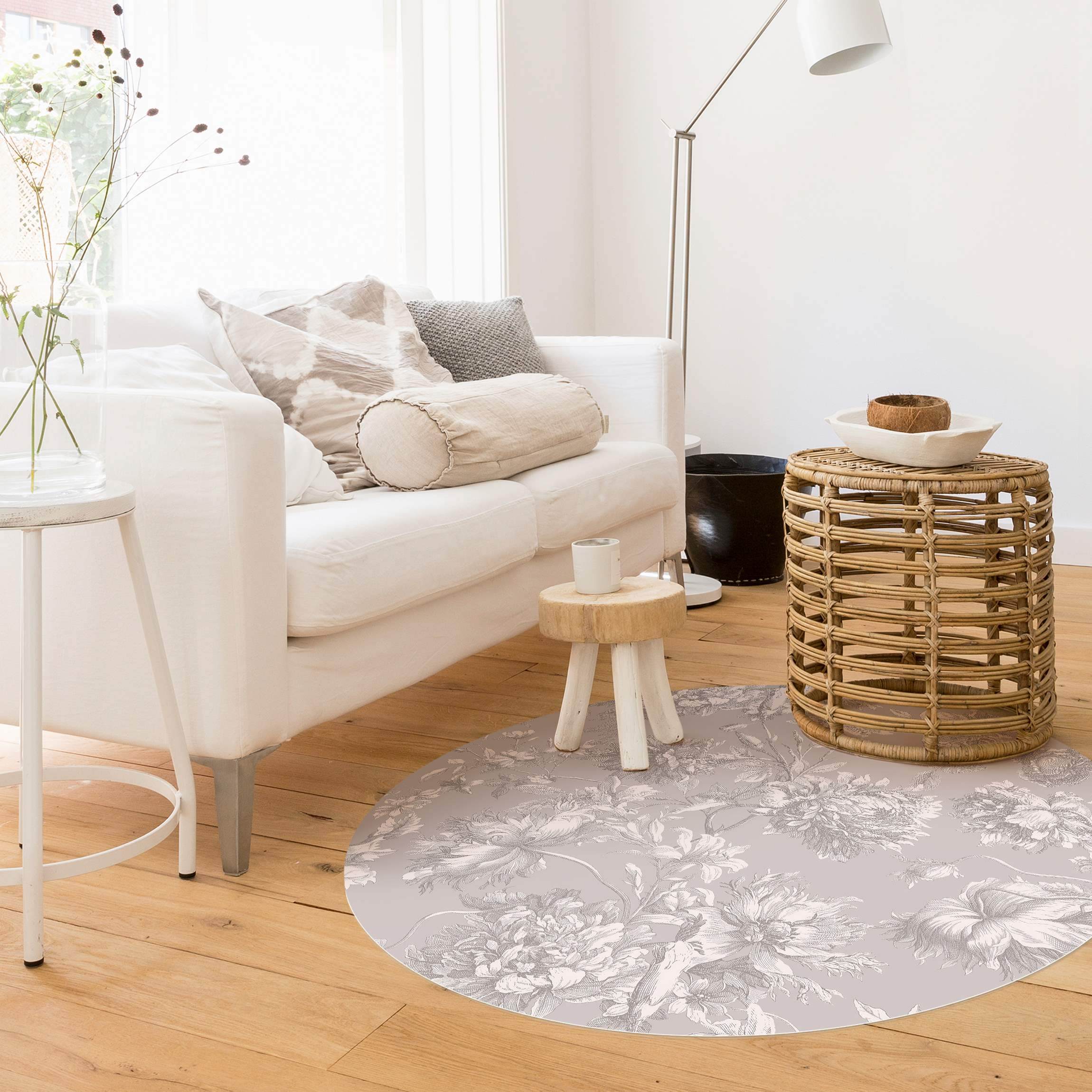 Runder Vinyl-Teppich Floraler Kupferstich Sandgrau
