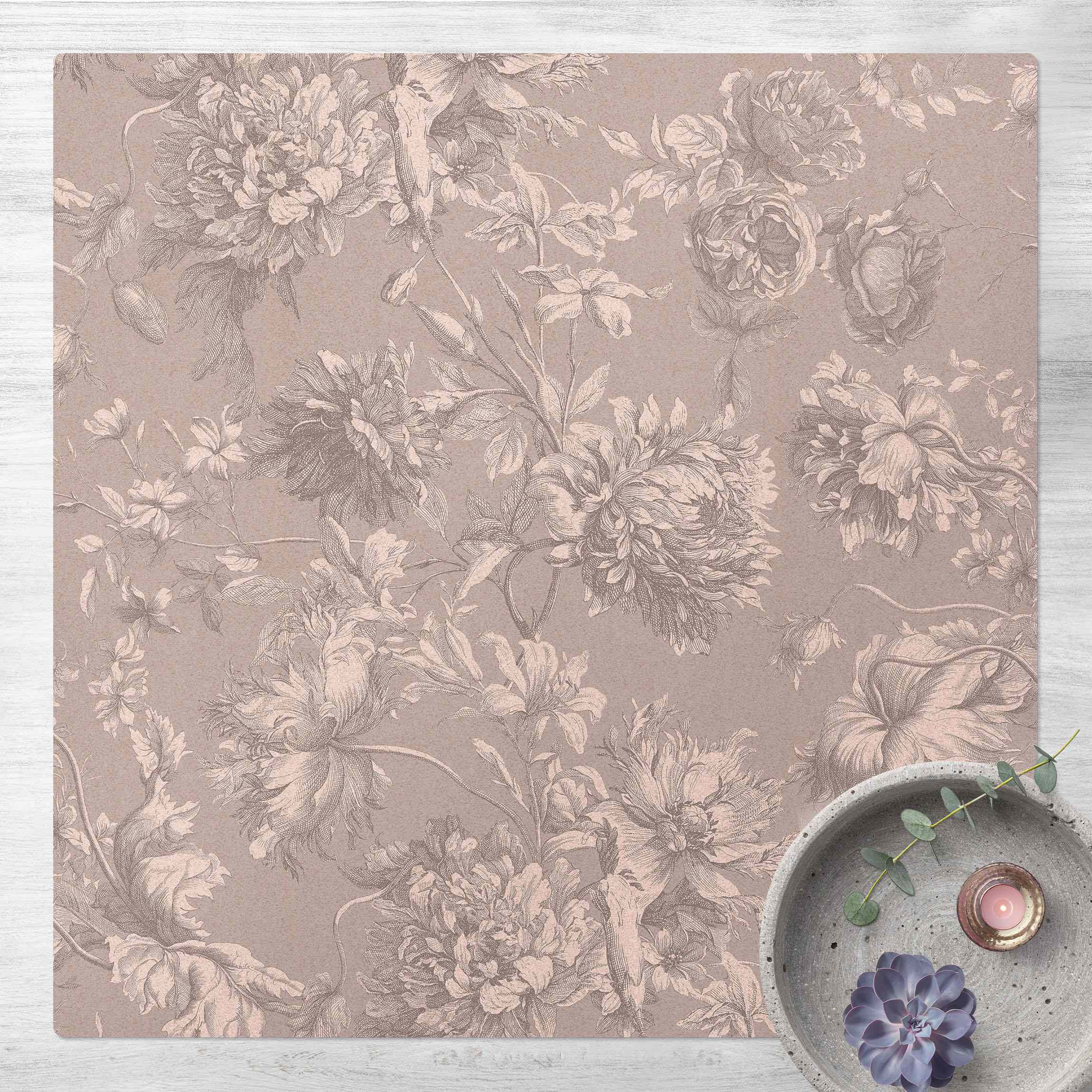 Kork-Teppich Floraler Kupferstich Sandgrau