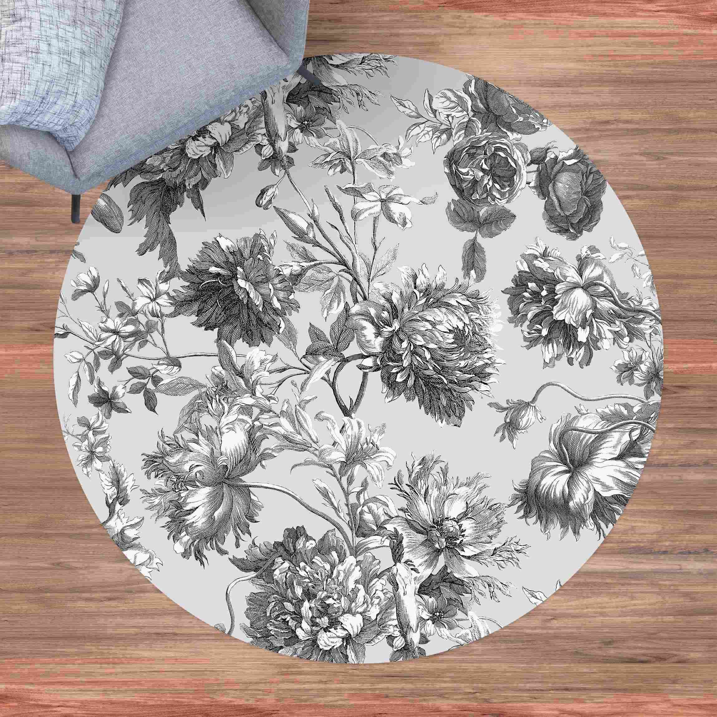 Runder Vinyl-Teppich Floraler Kupferstich Schwarzgrau
