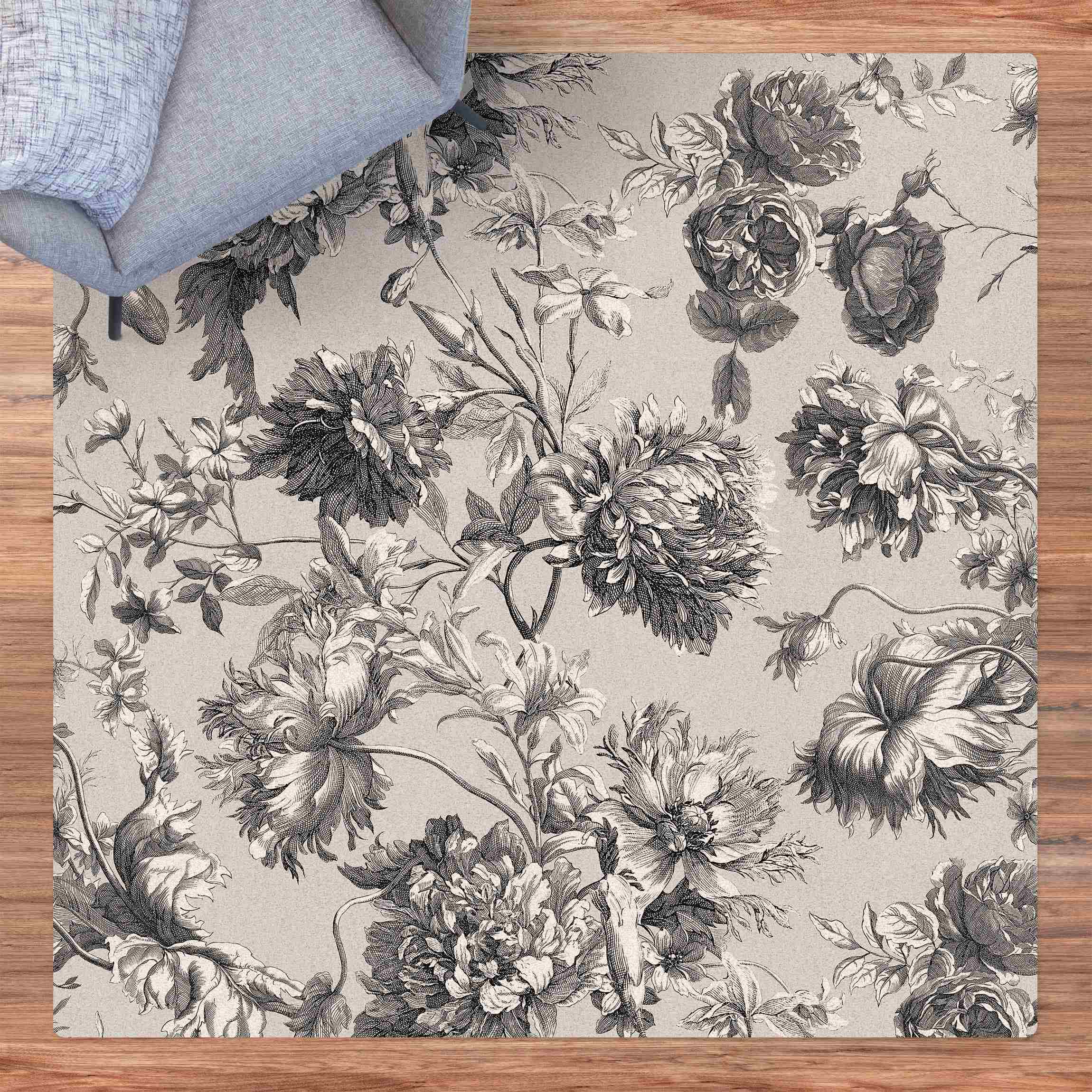 Kork-Teppich Floraler Kupferstich Schwarzgrau