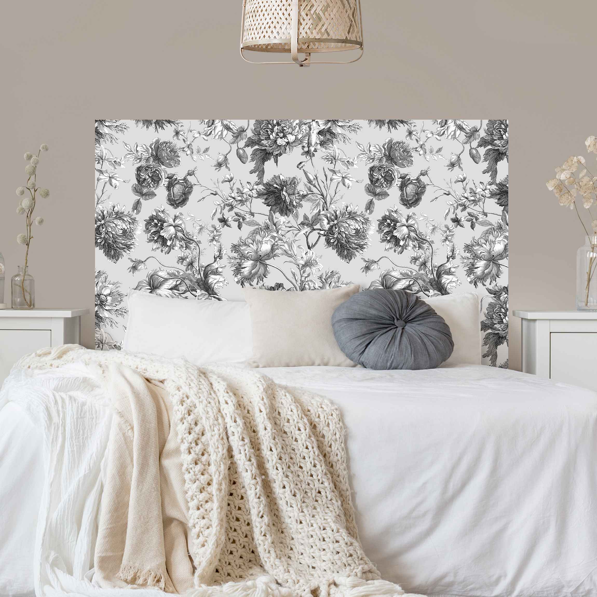 Kopfteil Bett Floraler Kupferstich Schwarzgrau