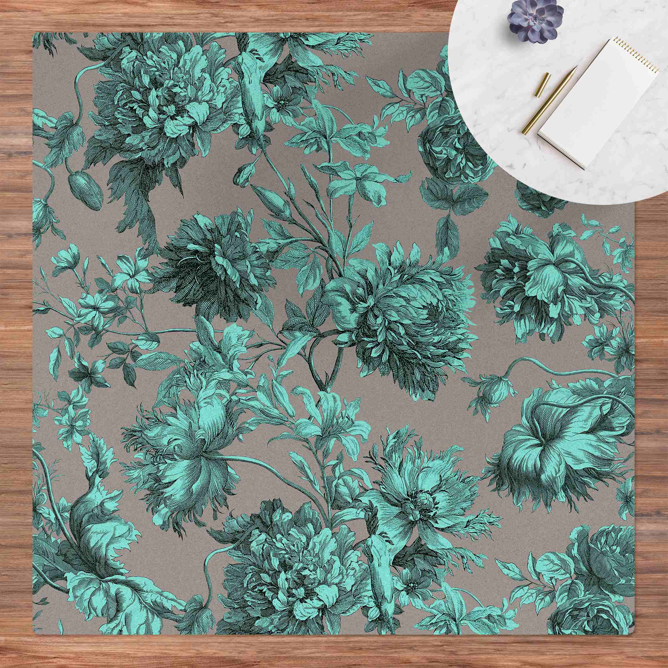 Kork-Teppich Floraler Kupferstich Türkisgrau