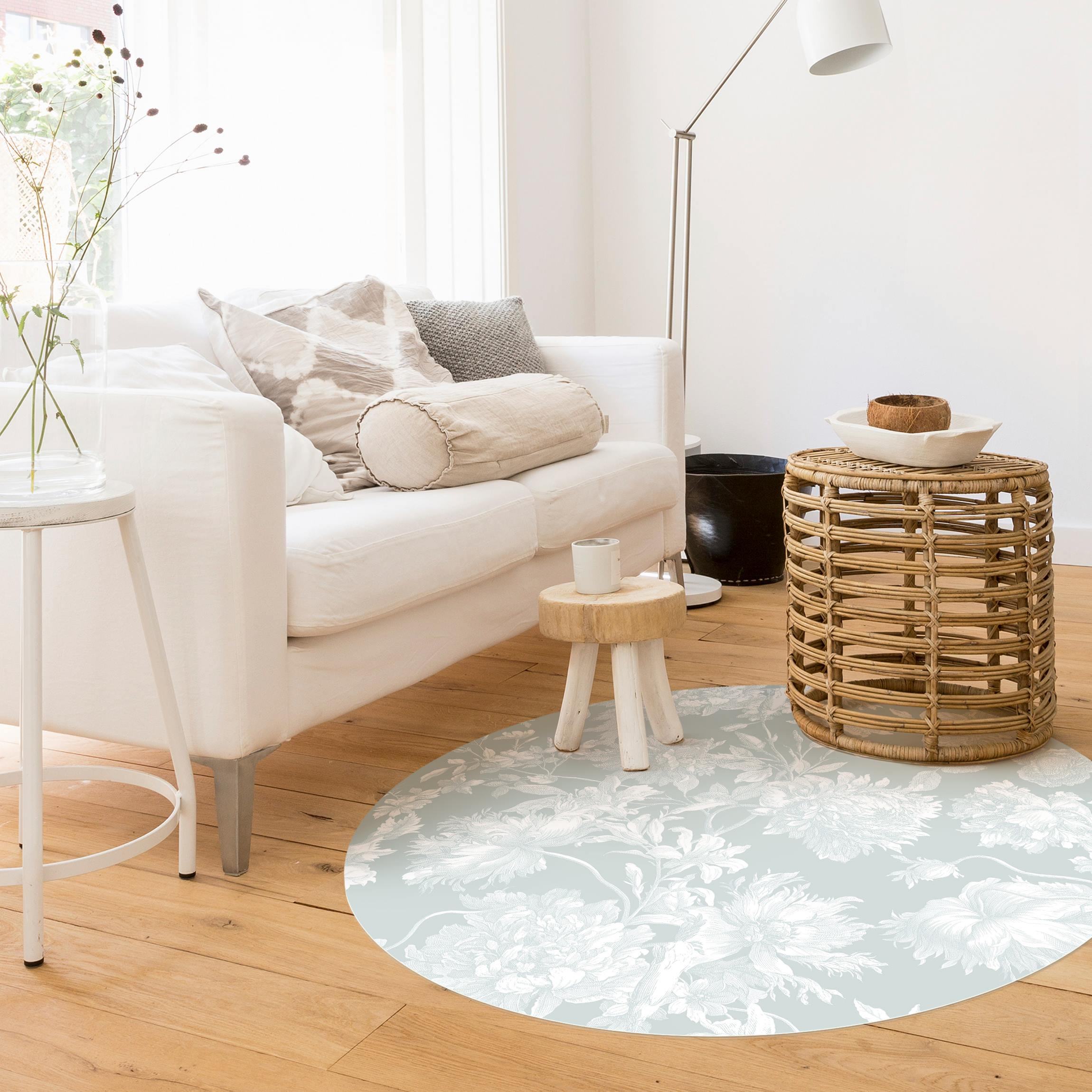 Runder Vinyl-Teppich Floraler Kupferstich Weißgrau