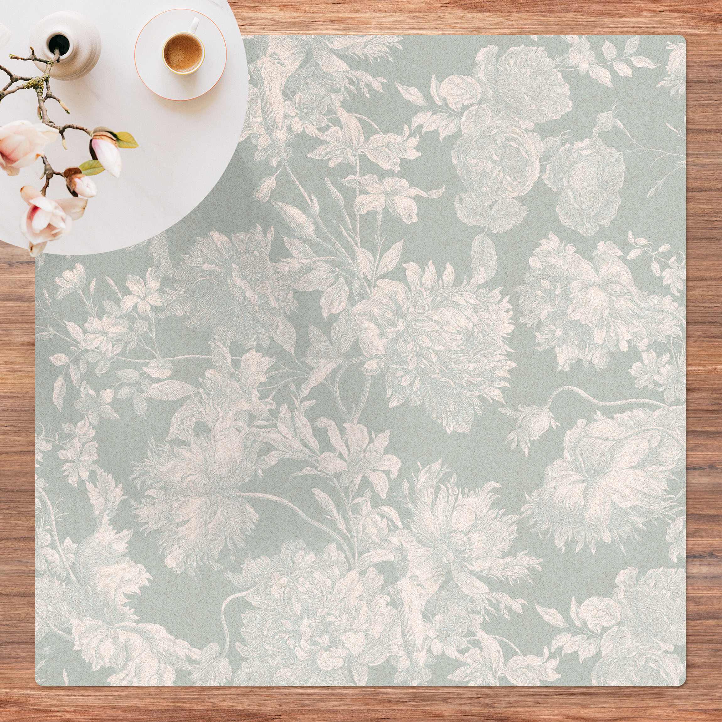 Kork-Teppich Floraler Kupferstich Weißgrau