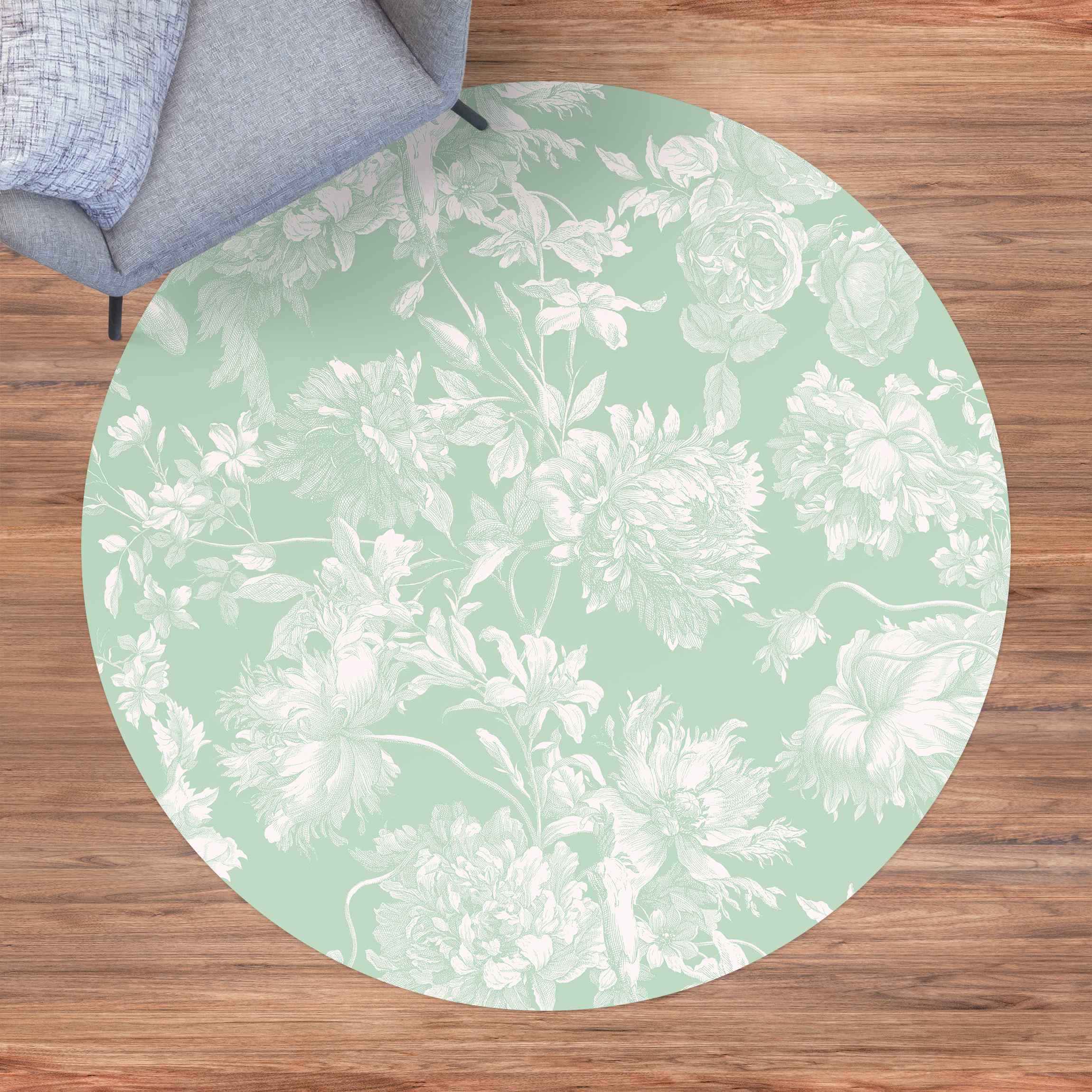 Runder Vinyl-Teppich Floraler Kupferstich Weißgrün