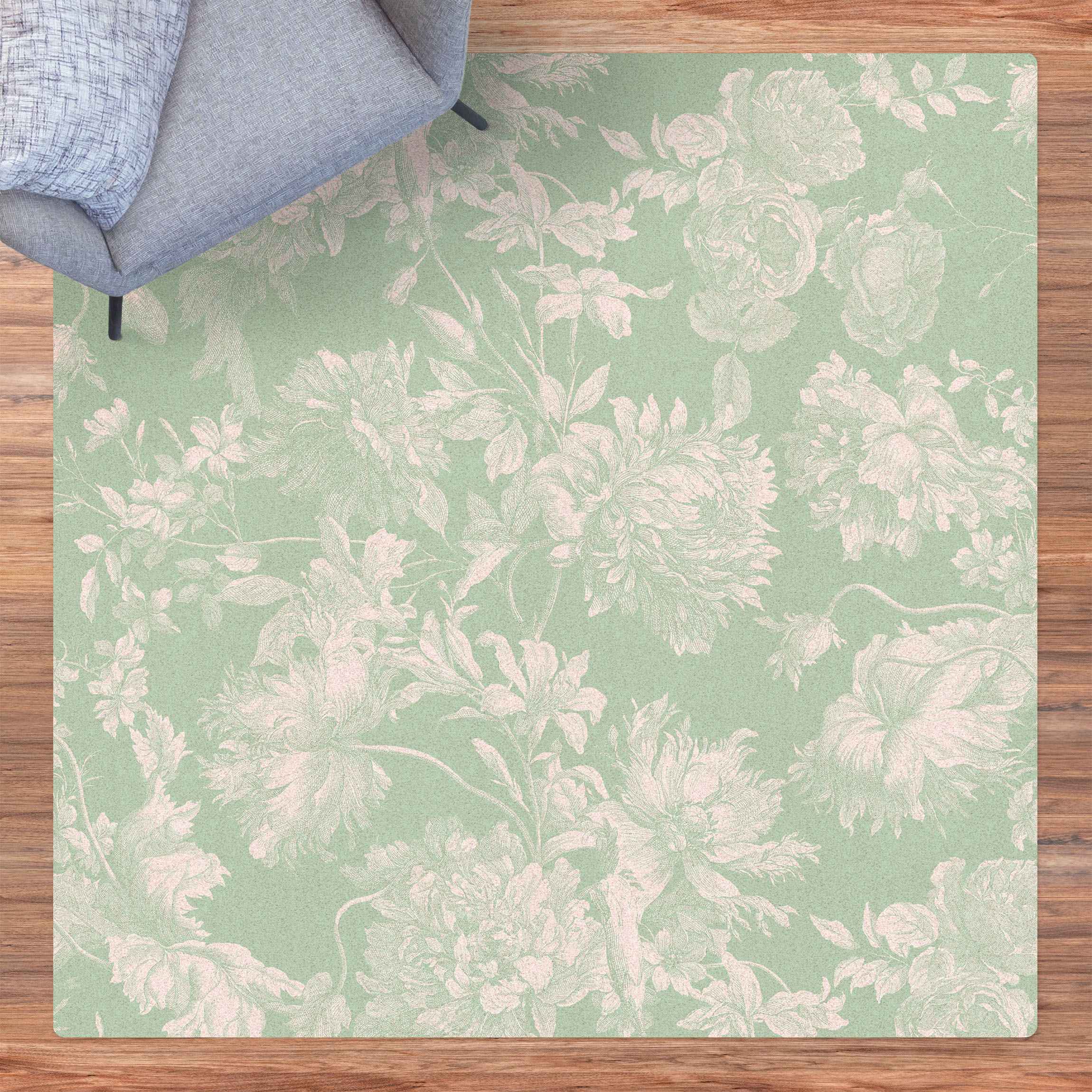 Kork-Teppich Floraler Kupferstich Weißgrün