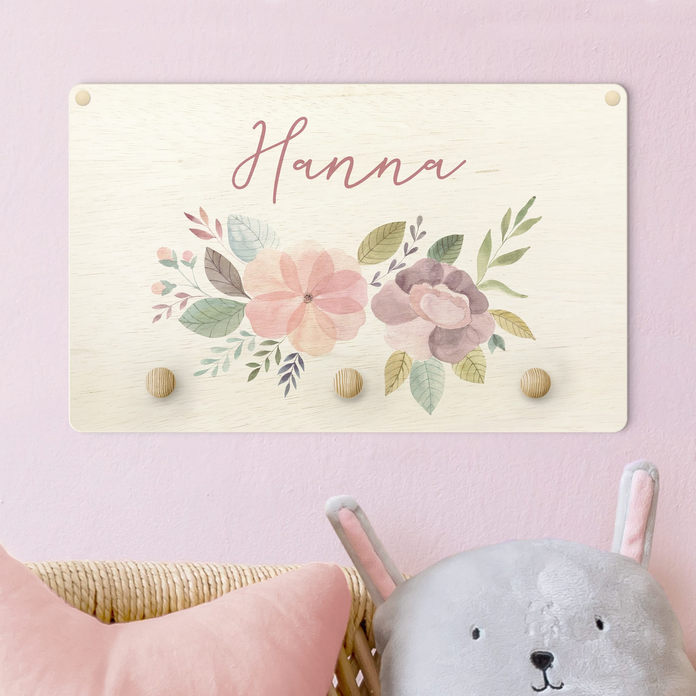 Kindergarderobe Holz mit Namen Florales Aquarellbouquet mit Wunschname