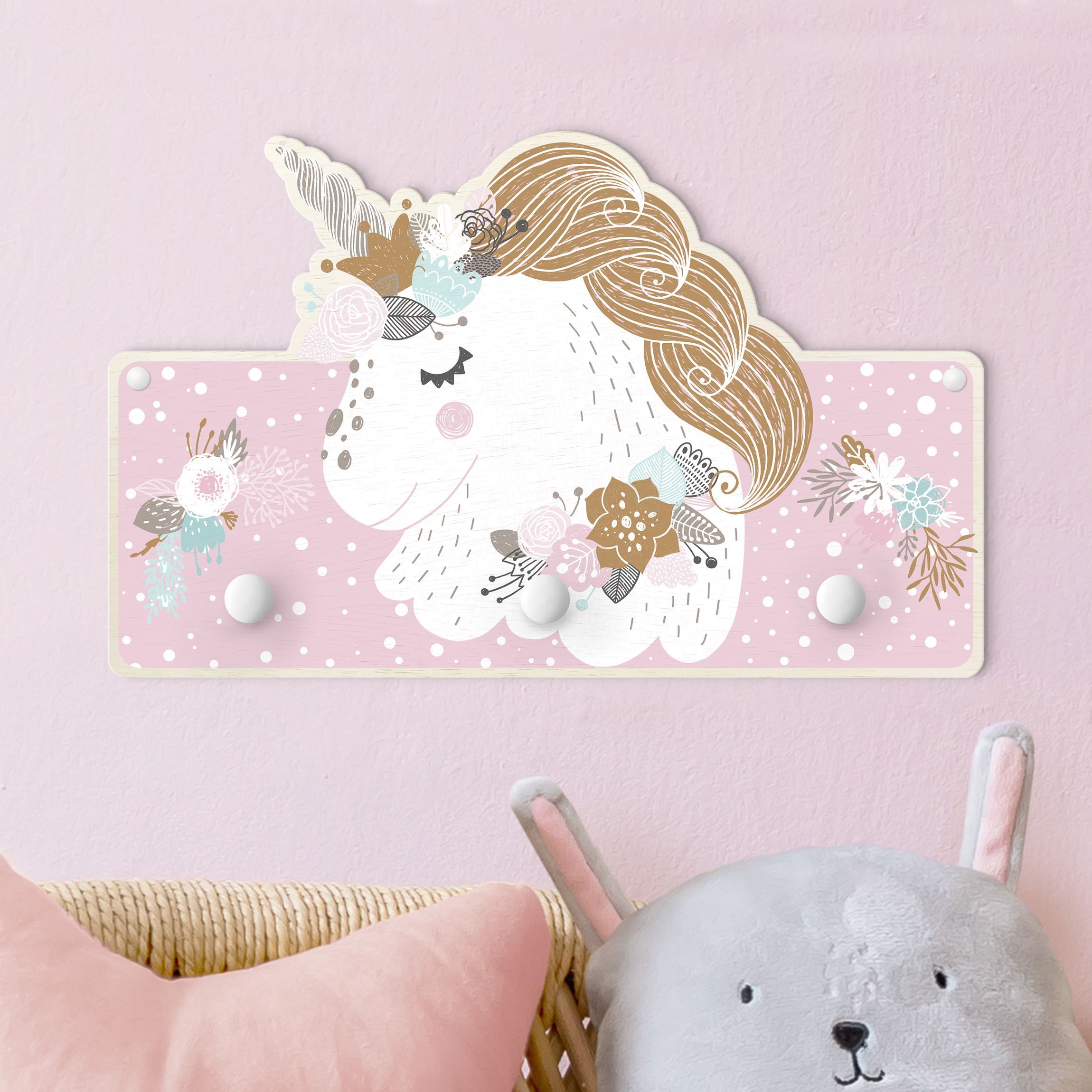Kindergarderobe Holz Florales Einhorn rosa