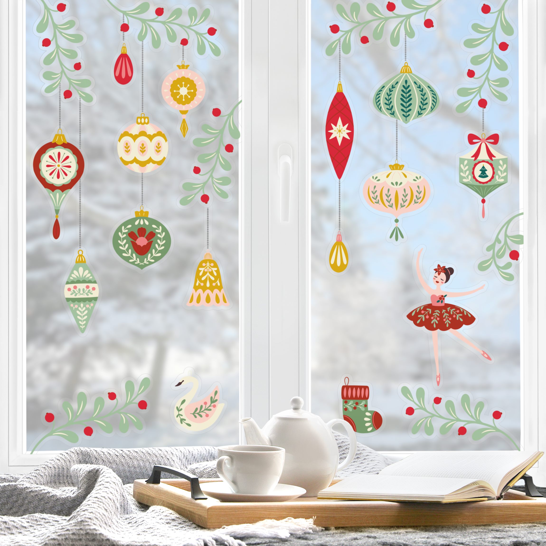 Fensteraufkleber Folk Art Weihnachtskugeln