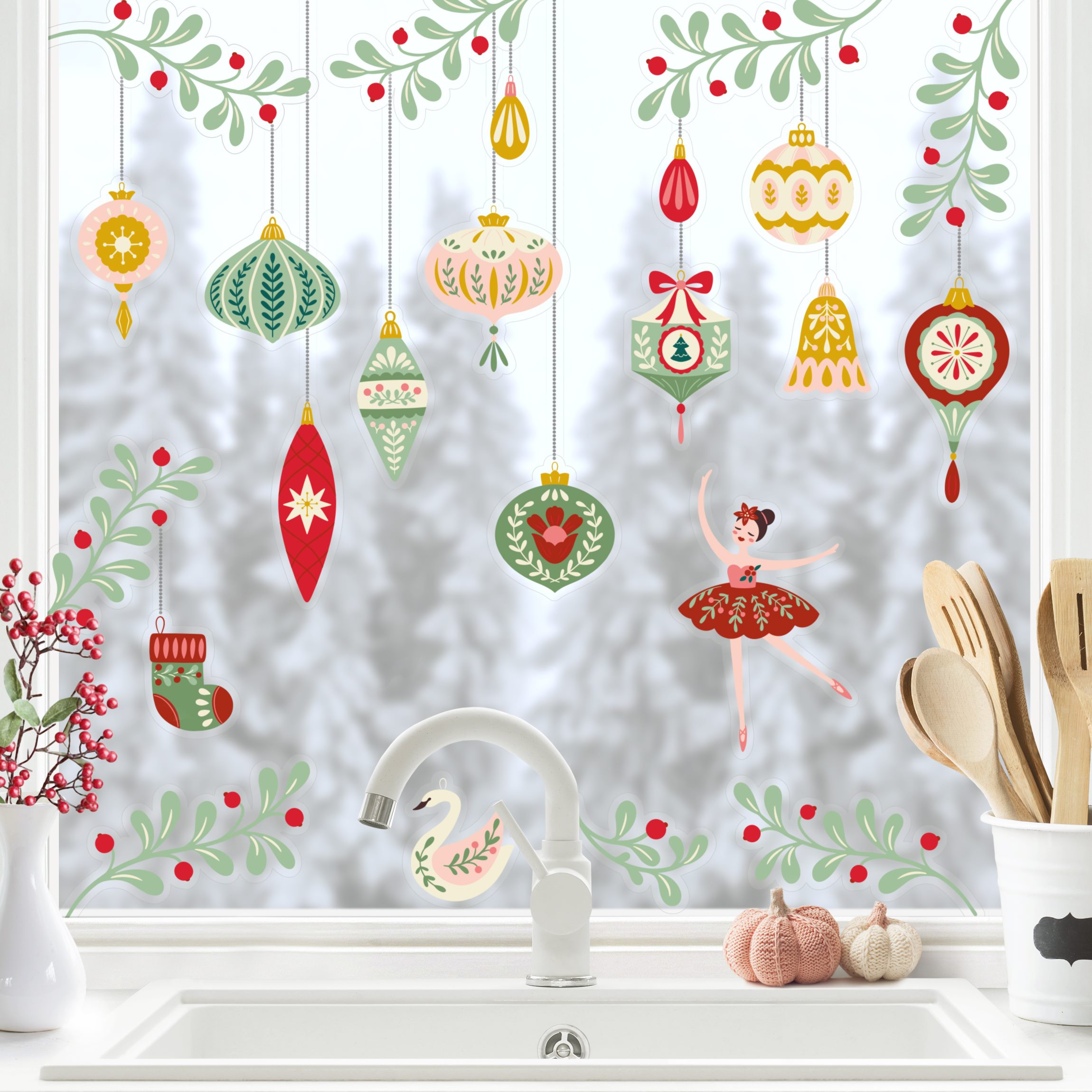 Fensteraufkleber Folk Art Weihnachtskugeln