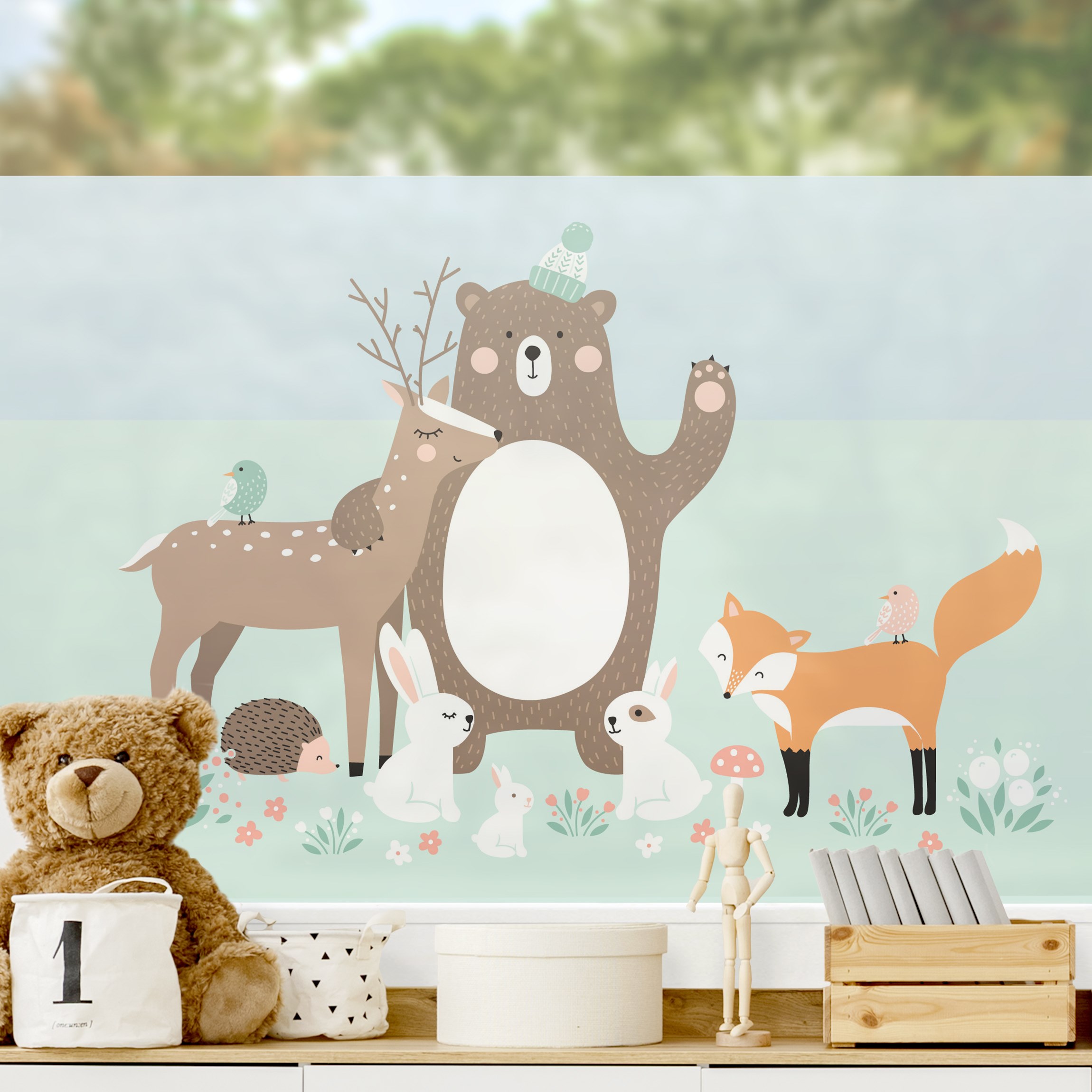 Fensterfolie Forest Friends mit Waldtieren blau
