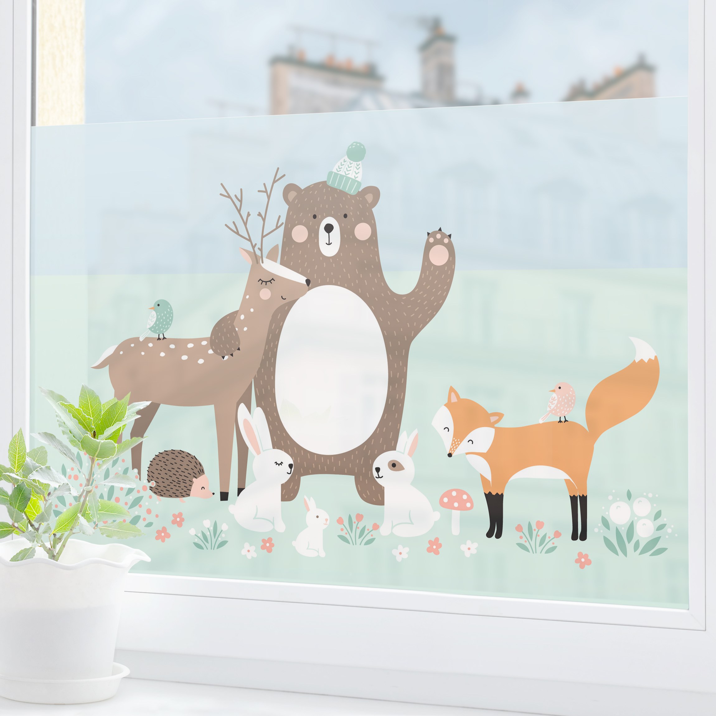 Fensterfolie Forest Friends mit Waldtieren blau