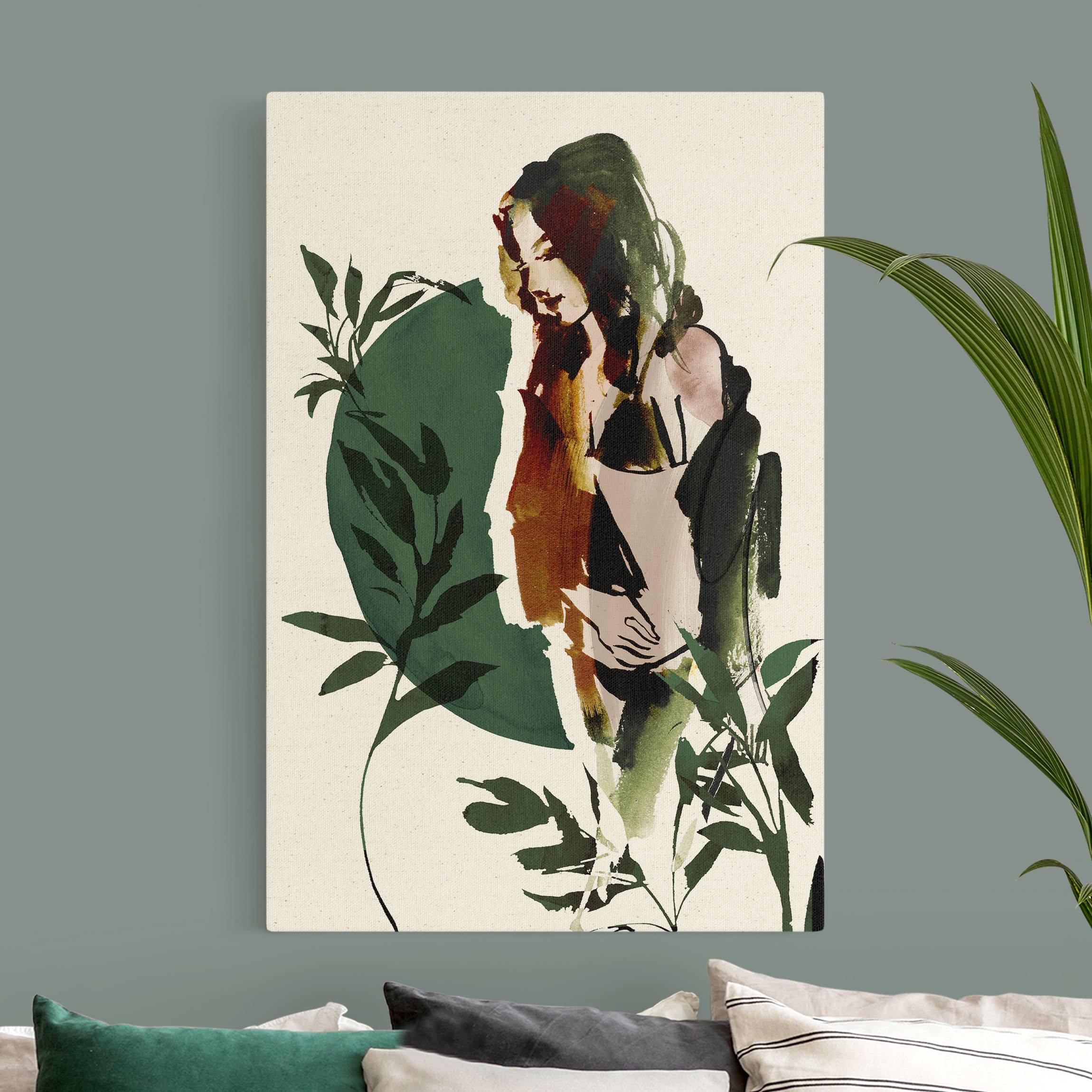 Leinwandbild auf Naturcanvas Frau in Aquarell mit Pflanzen